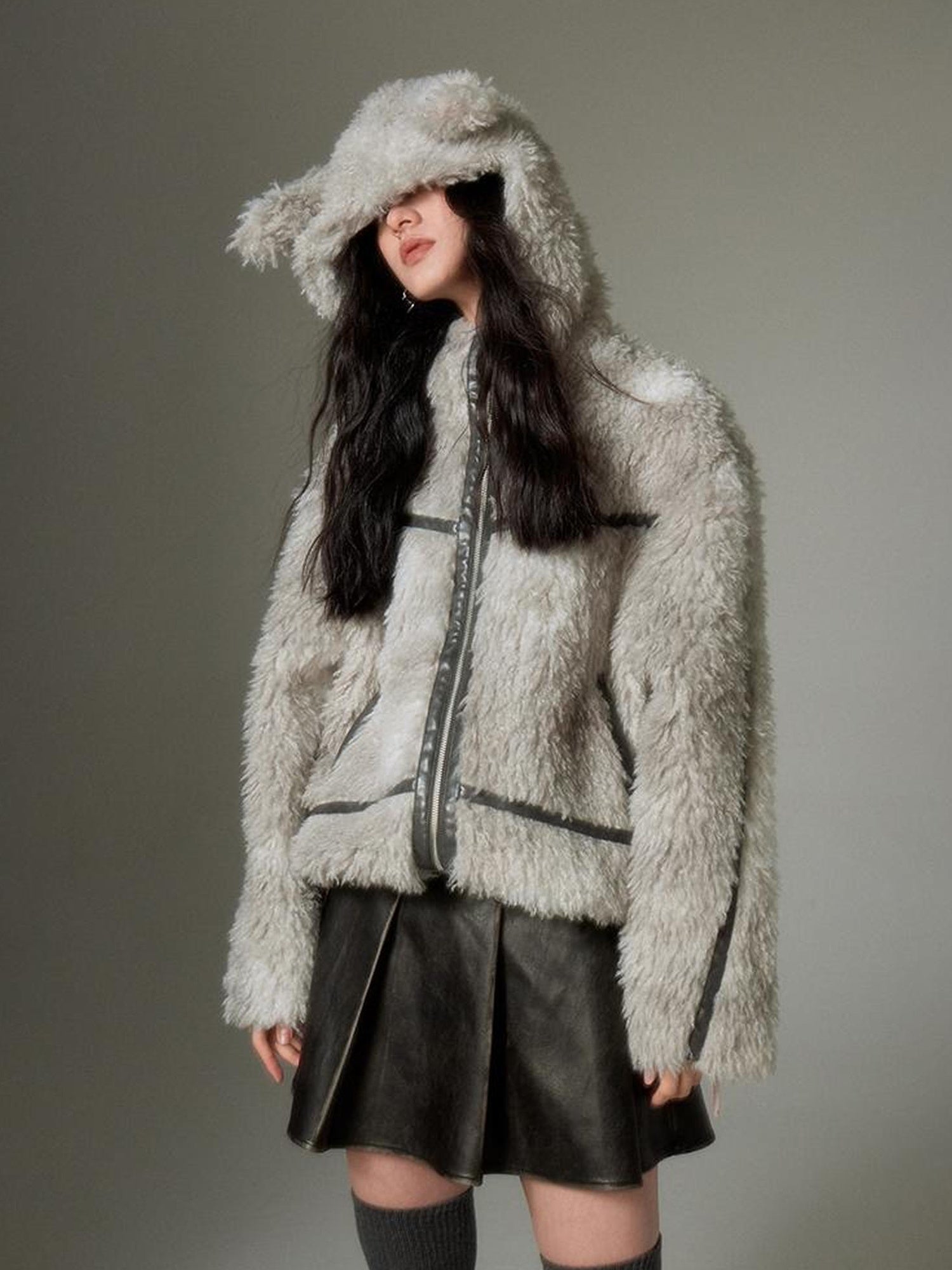 DIDDI MODA Cozy Rabbit Ear Faux Shearling Jacket