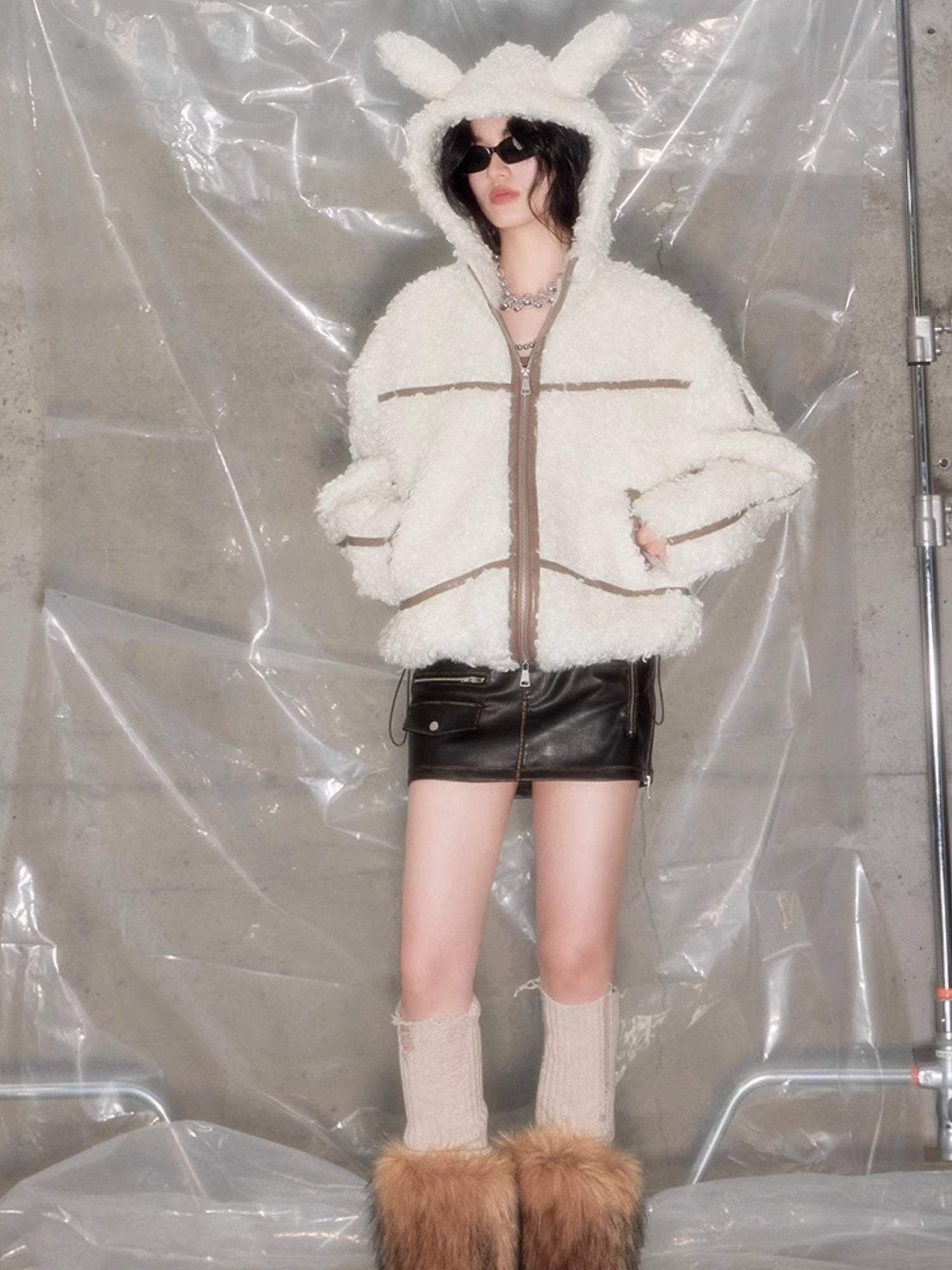 DIDDI MODA Cozy Rabbit Ear Faux Shearling Jacket