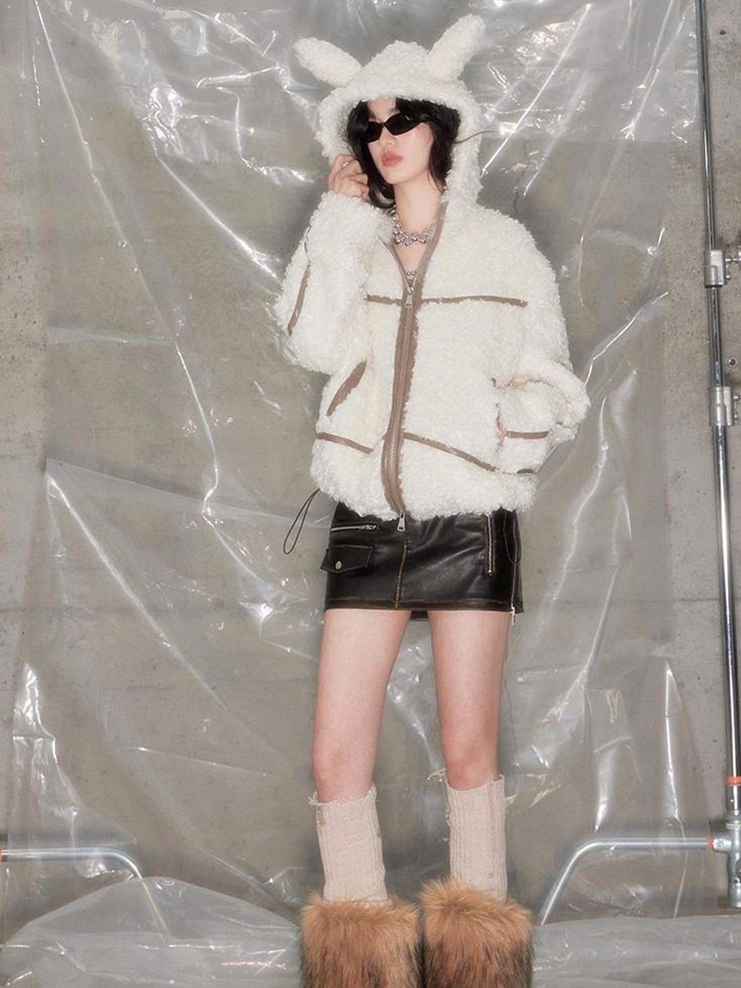 DIDDI MODA Cozy Rabbit Ear Faux Shearling Jacket