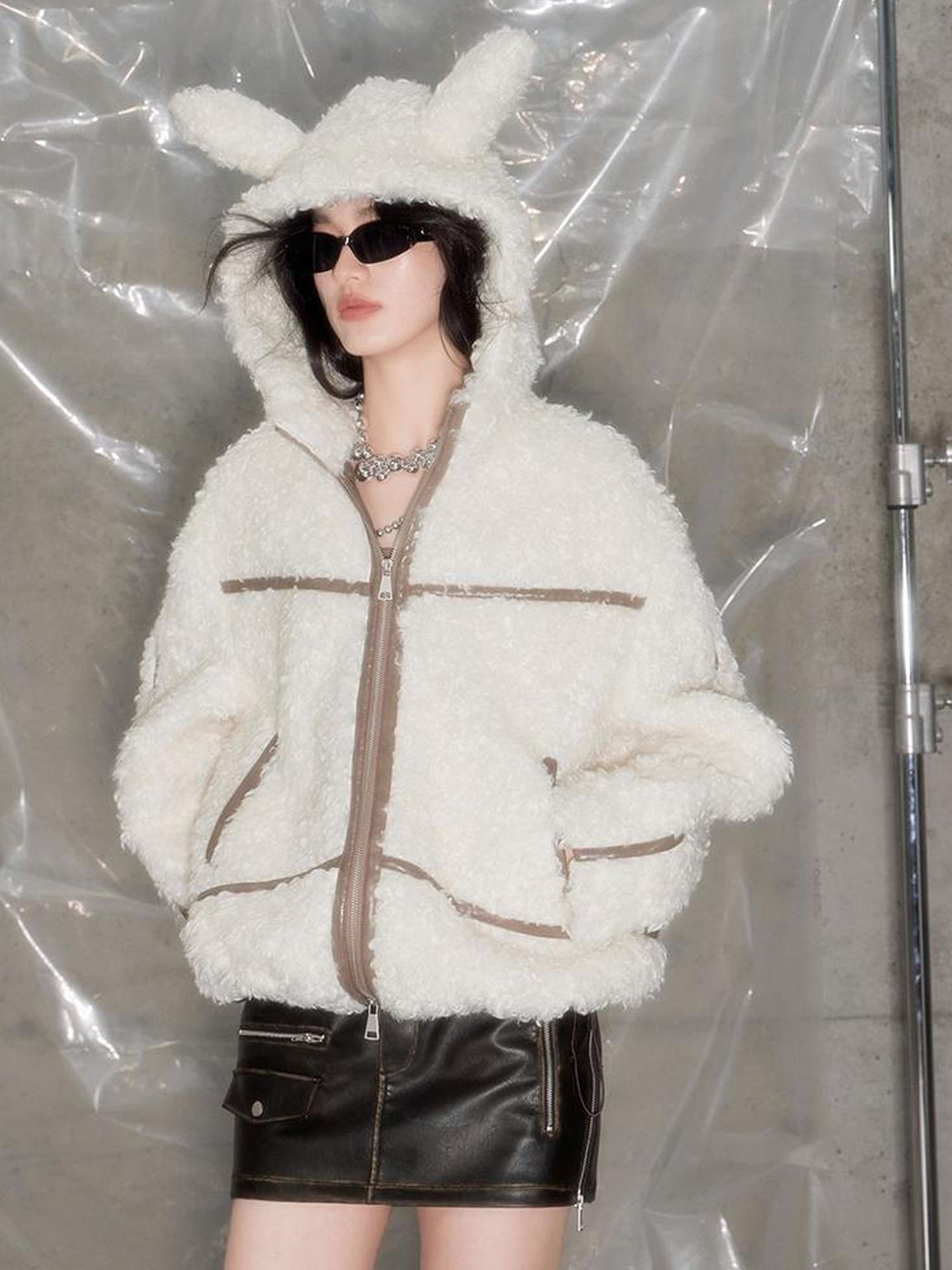 DIDDI MODA Cozy Rabbit Ear Faux Shearling Jacket