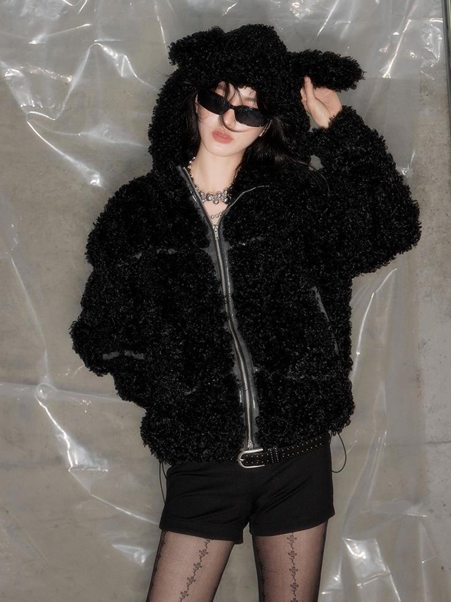 DIDDI MODA Cozy Rabbit Ear Faux Shearling Jacket