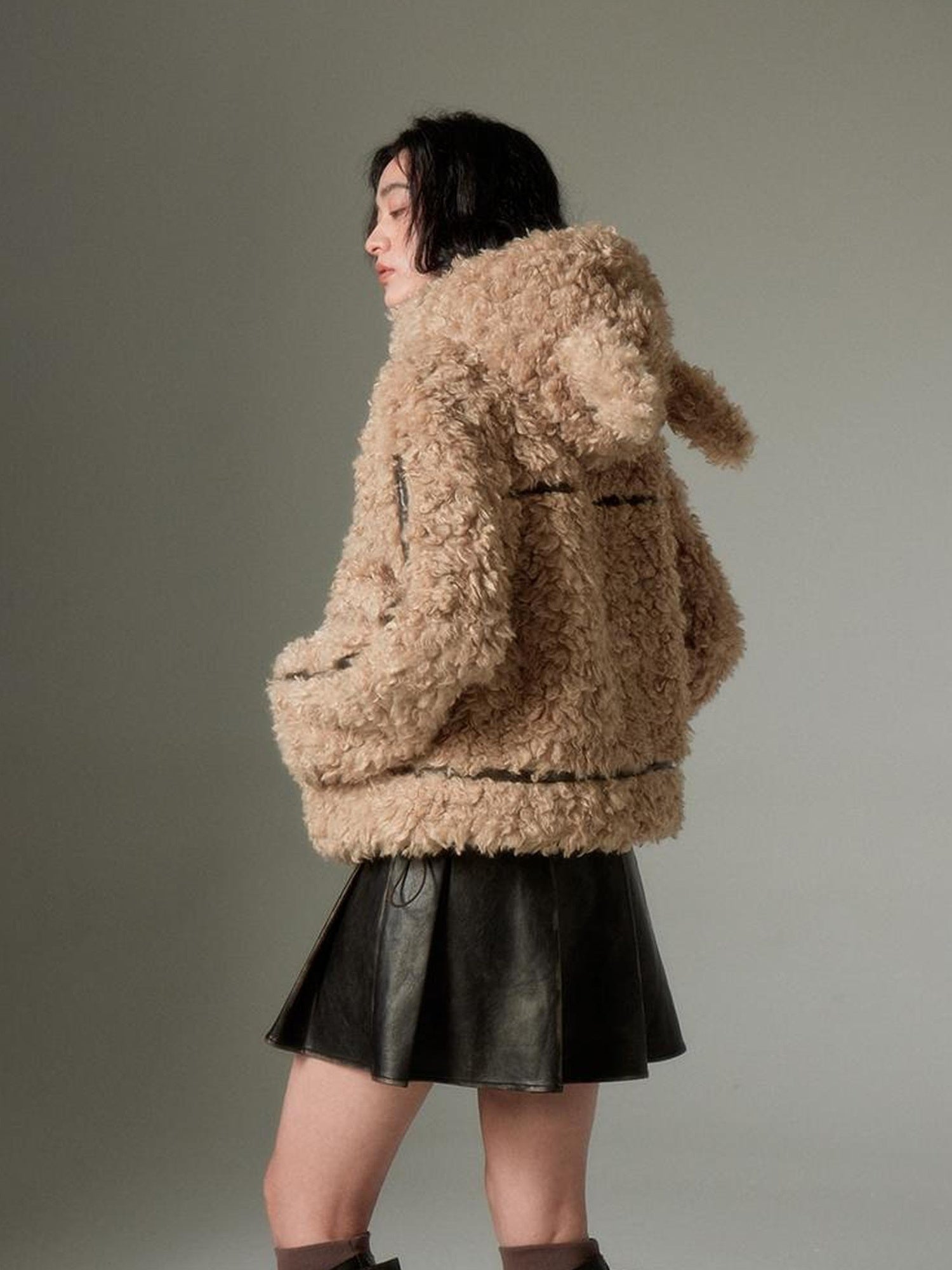 DIDDI MODA Cozy Rabbit Ear Faux Shearling Jacket