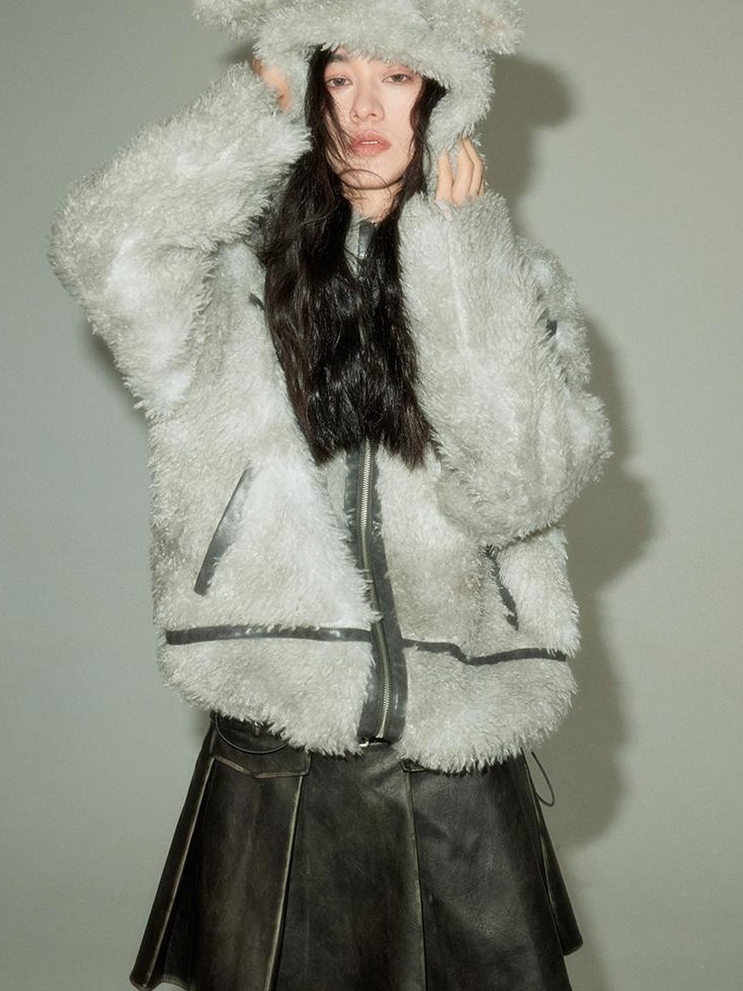 DIDDI MODA Cozy Rabbit Ear Faux Shearling Jacket