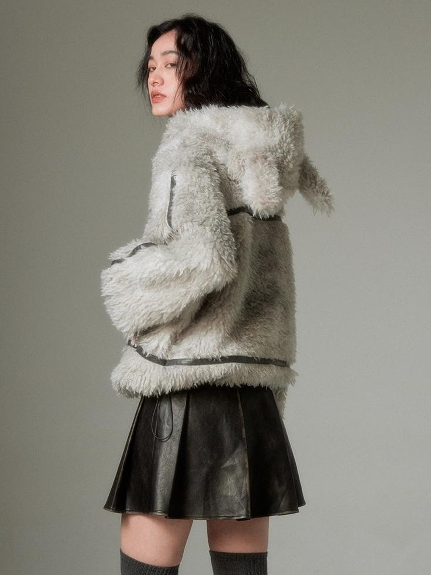 DIDDI MODA Cozy Rabbit Ear Faux Shearling Jacket