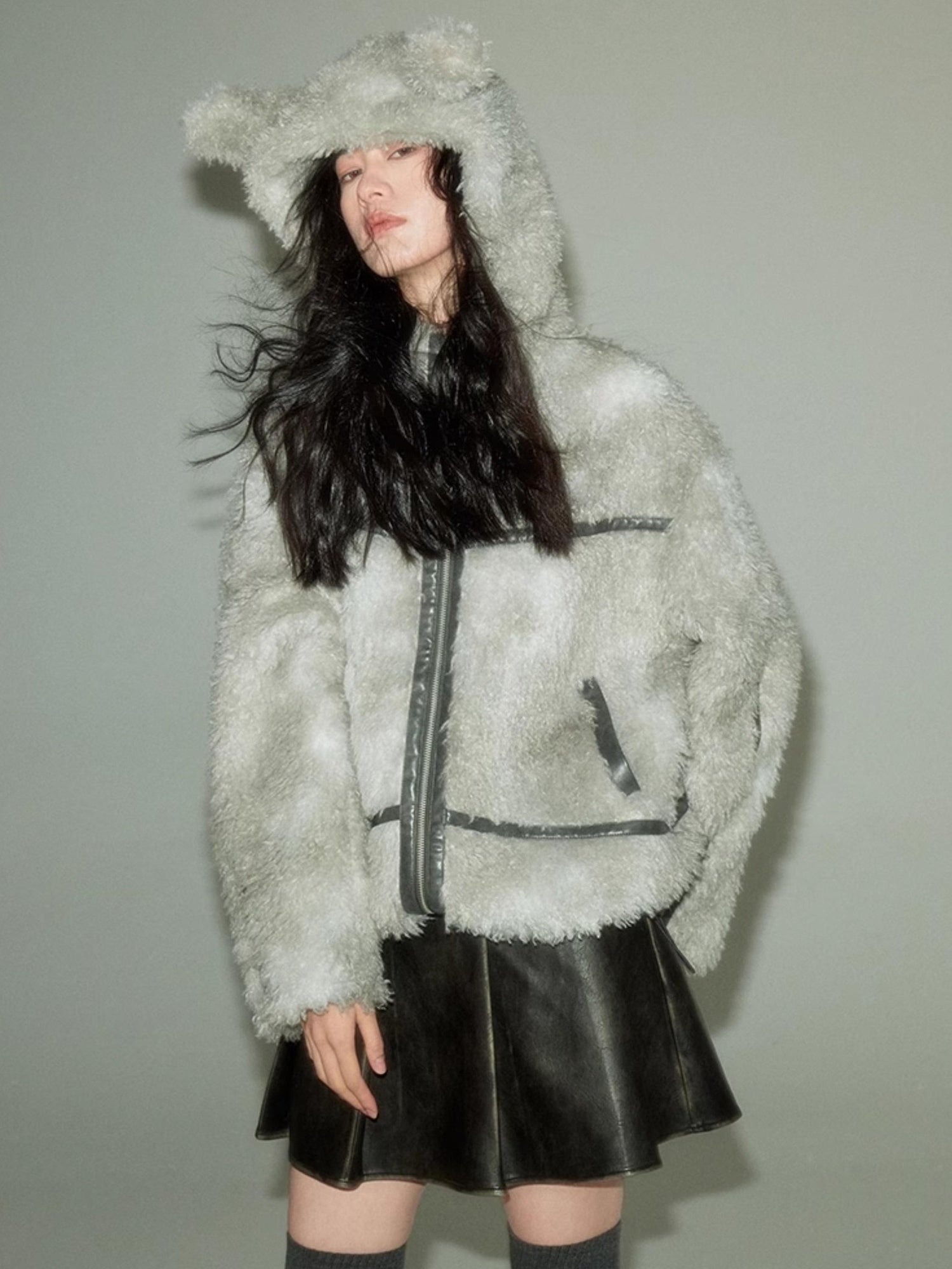 DIDDI MODA Cozy Rabbit Ear Faux Shearling Jacket