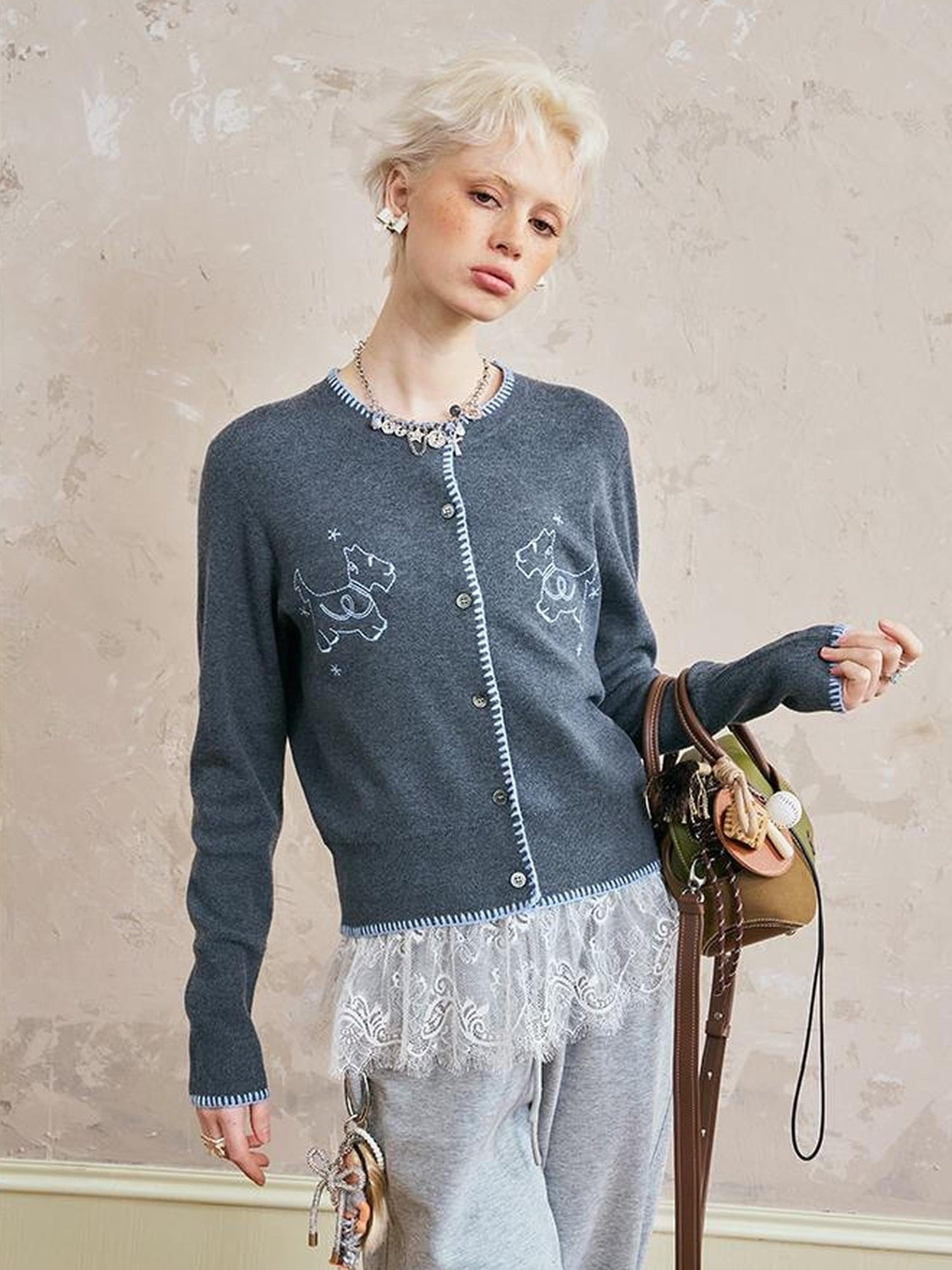 DIDDI MODA Cozy Shell Embroidered Puppy Knit Cardigan