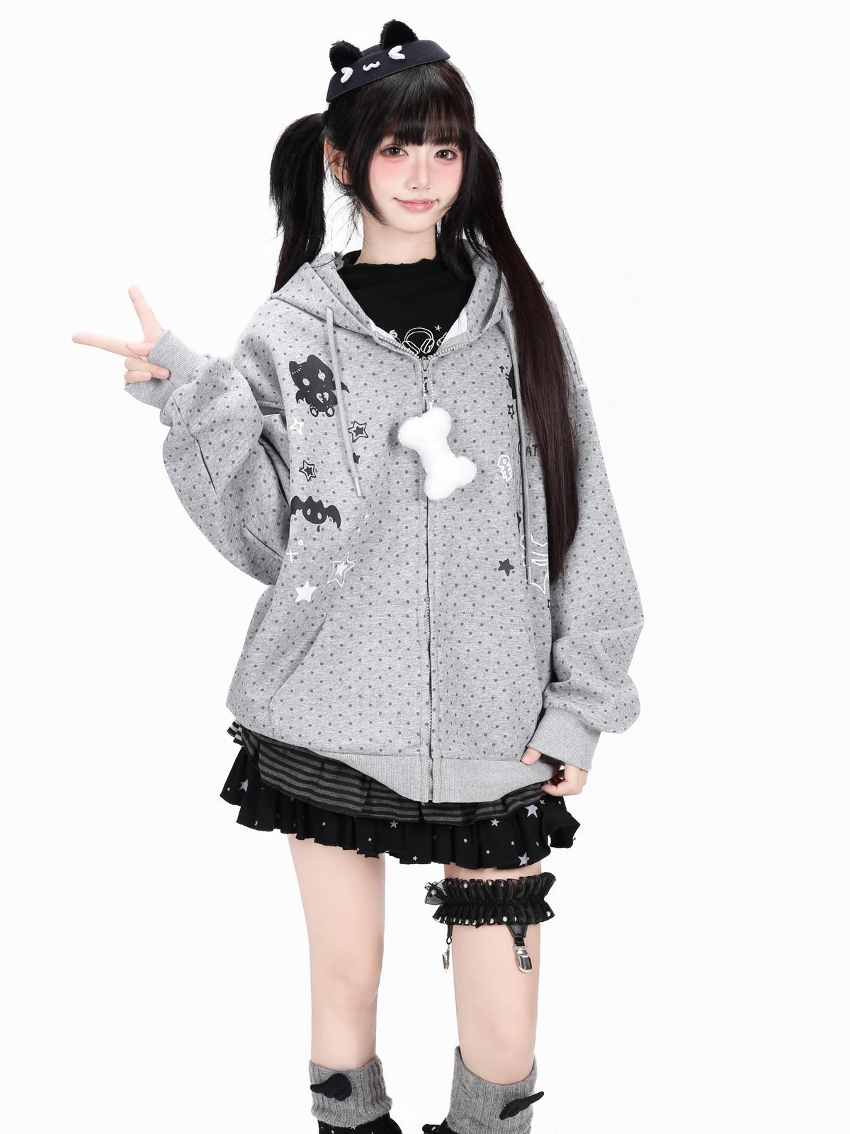 Crazy Girl 3d Cat Ear Polka Dot Hooded Loose Women&