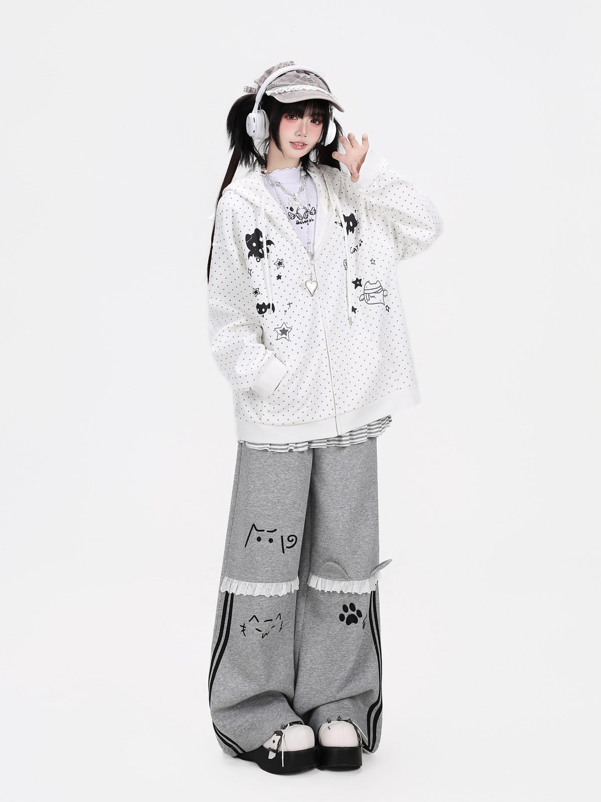 Crazy Girl 3d Cat Ear Polka Dot Hooded Loose Women&