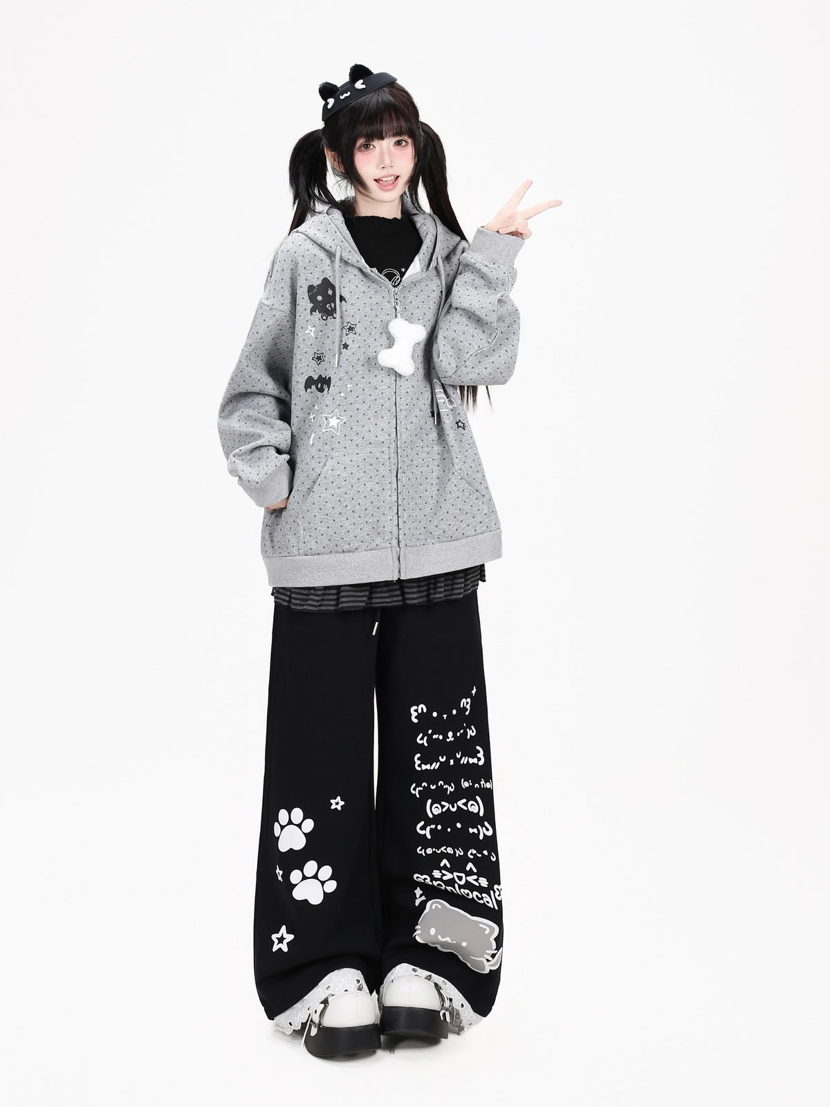 Crazy Girl 3d Cat Ear Polka Dot Hooded Loose Women&