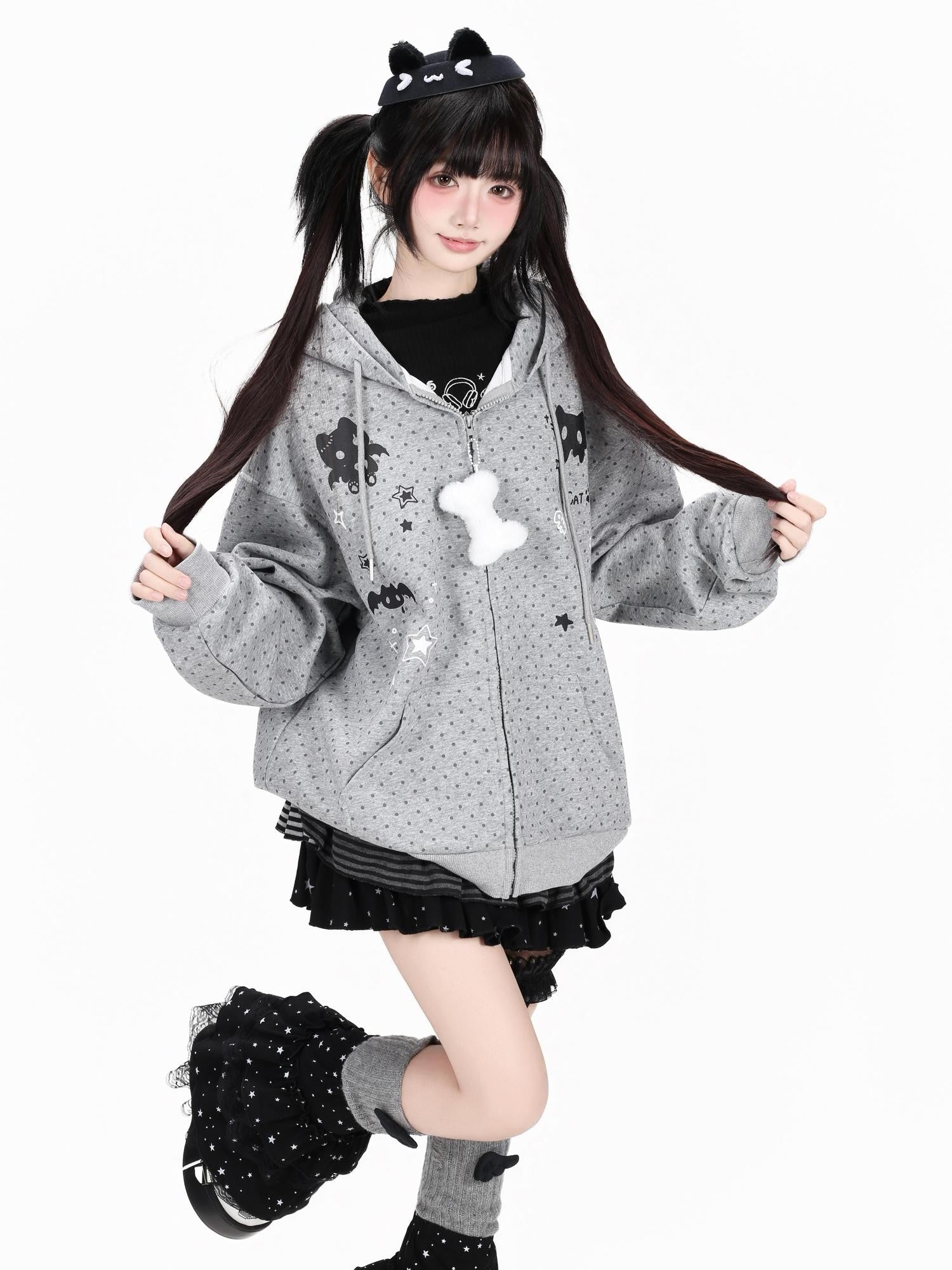 Crazy Girl 3d Cat Ear Polka Dot Hooded Loose Women&