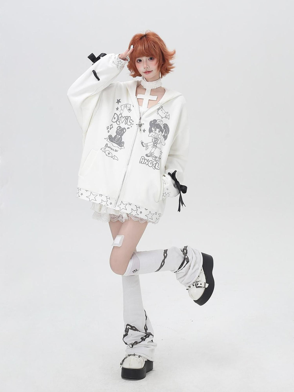 Crazy Girl 3d Wings Lace Up Subculture Hooded Loose Midlength Women&