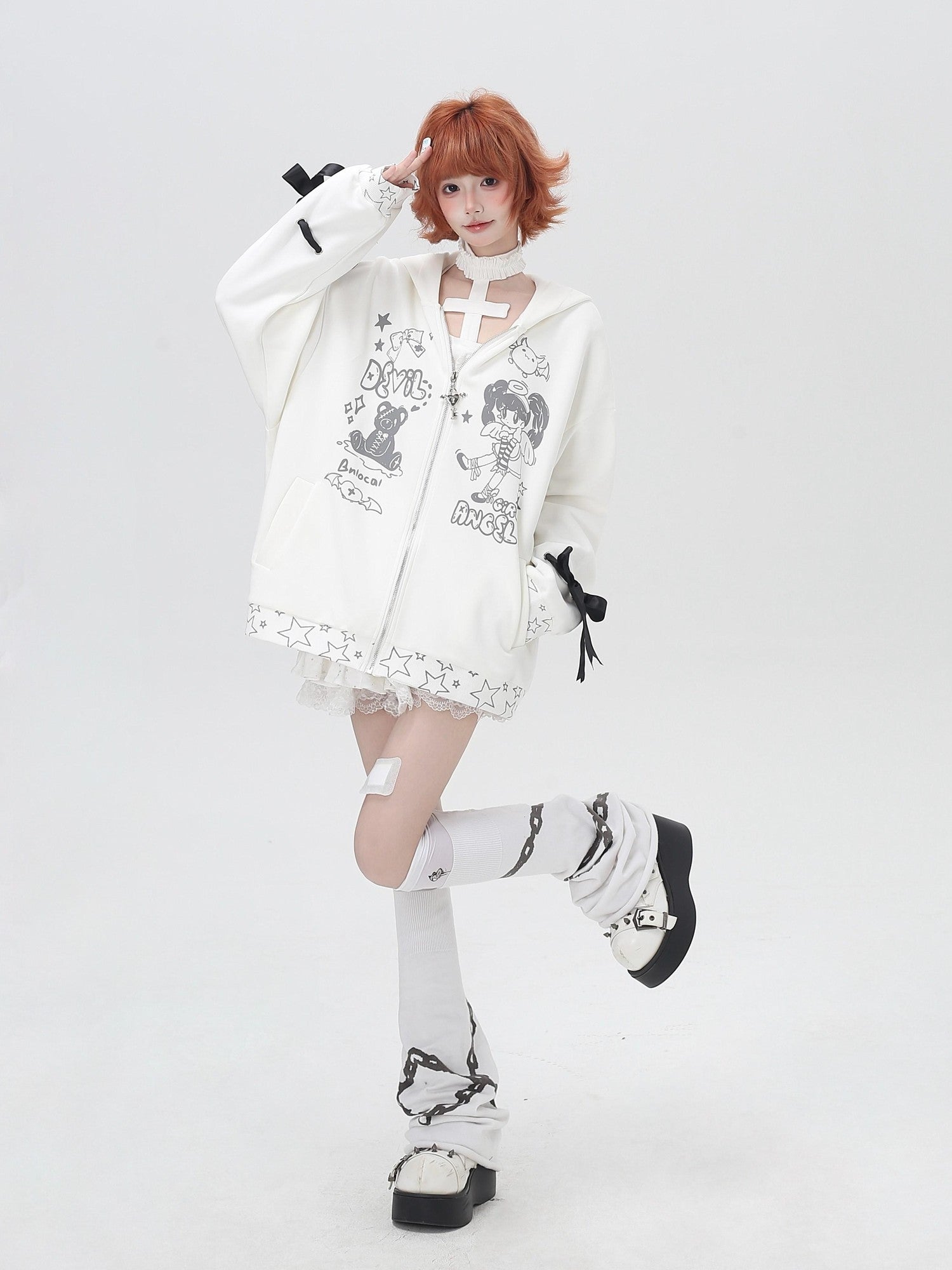 Crazy Girl 3d Wings Lace Up Subculture Hooded Loose Midlength Women&