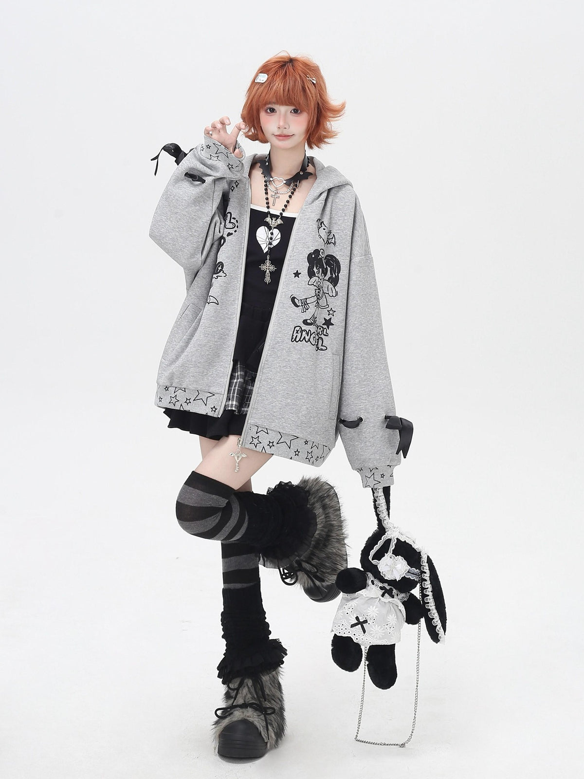 Crazy Girl 3d Wings Lace Up Subculture Hooded Loose Midlength Women&