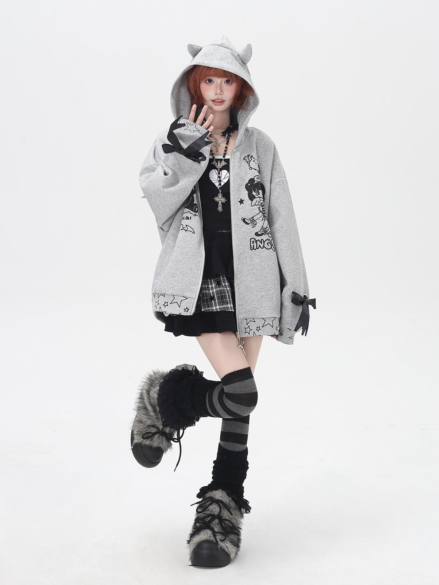 Crazy Girl 3d Wings Lace Up Subculture Hooded Loose Midlength Women&