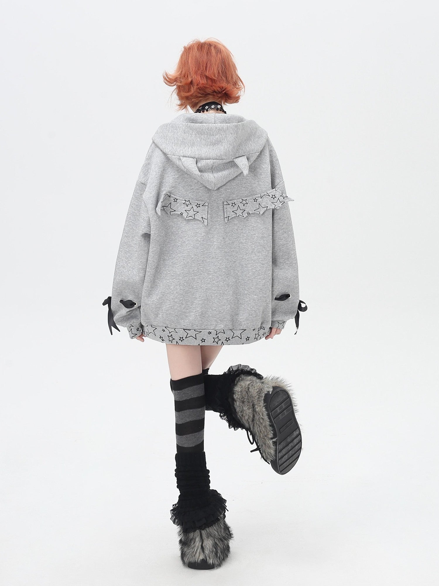 Crazy Girl 3d Wings Lace Up Subculture Hooded Loose Midlength Women&