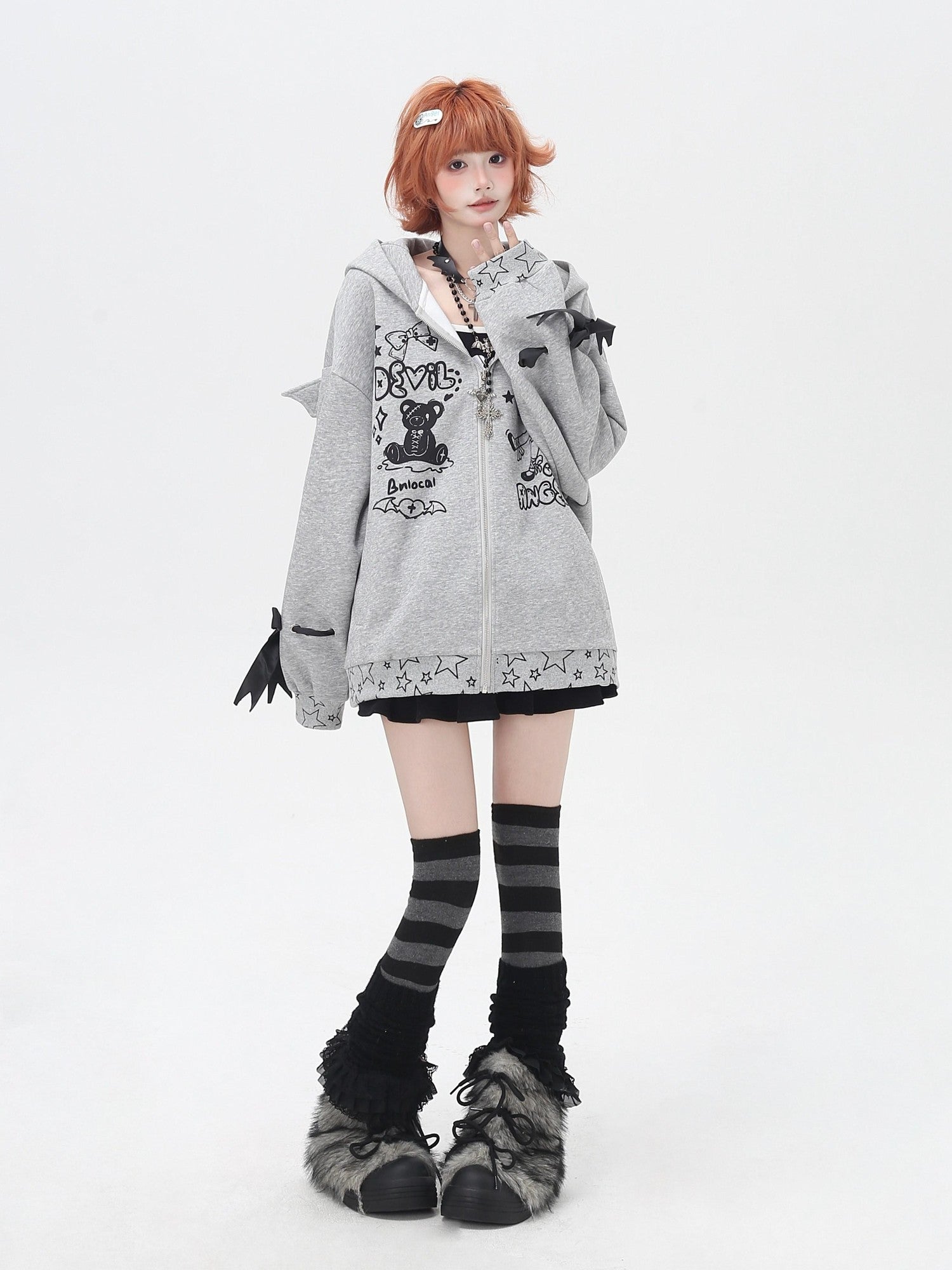 Crazy Girl 3d Wings Lace Up Subculture Hooded Loose Midlength Women&