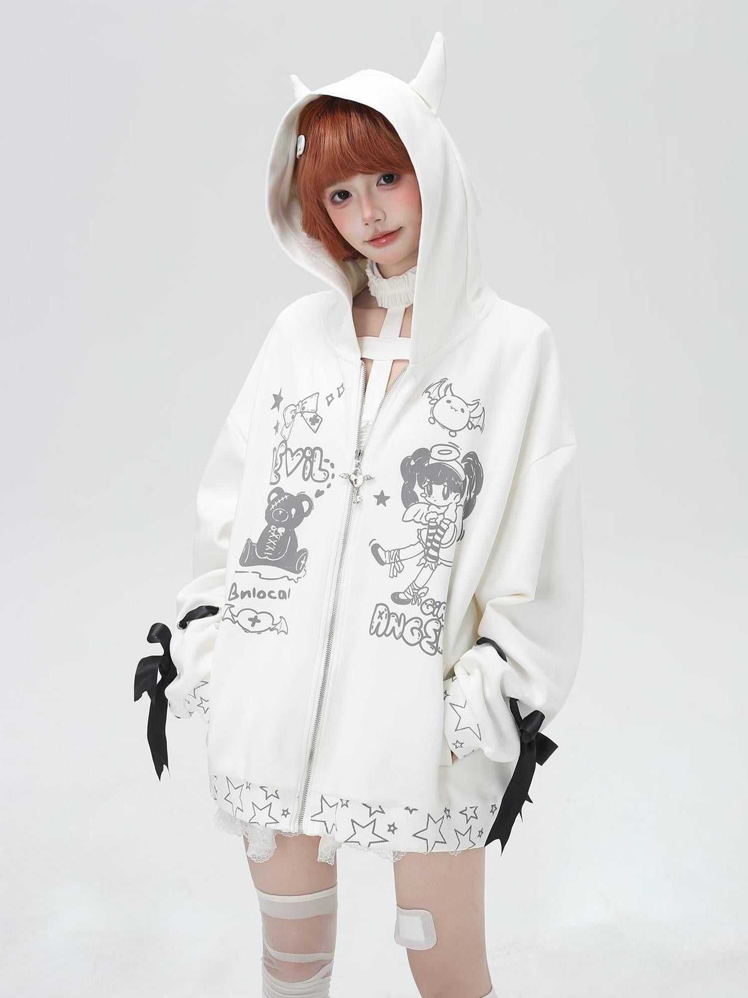 Crazy Girl 3d Wings Lace Up Subculture Hooded Loose Midlength Women&