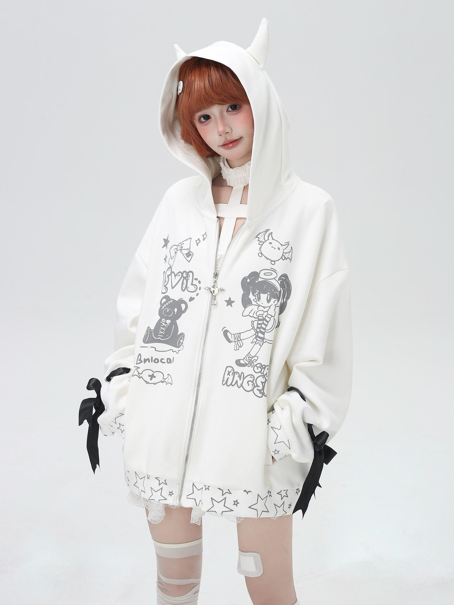 Crazy Girl 3d Wings Lace Up Subculture Hooded Loose Midlength Women&