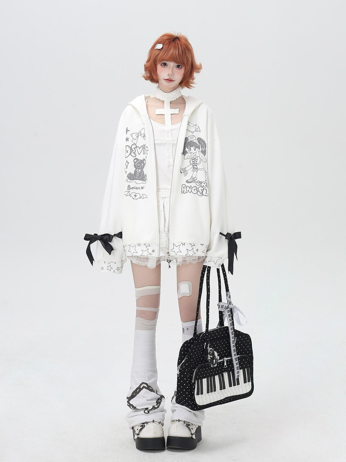 Crazy Girl 3d Wings Lace Up Subculture Hooded Loose Midlength Women&