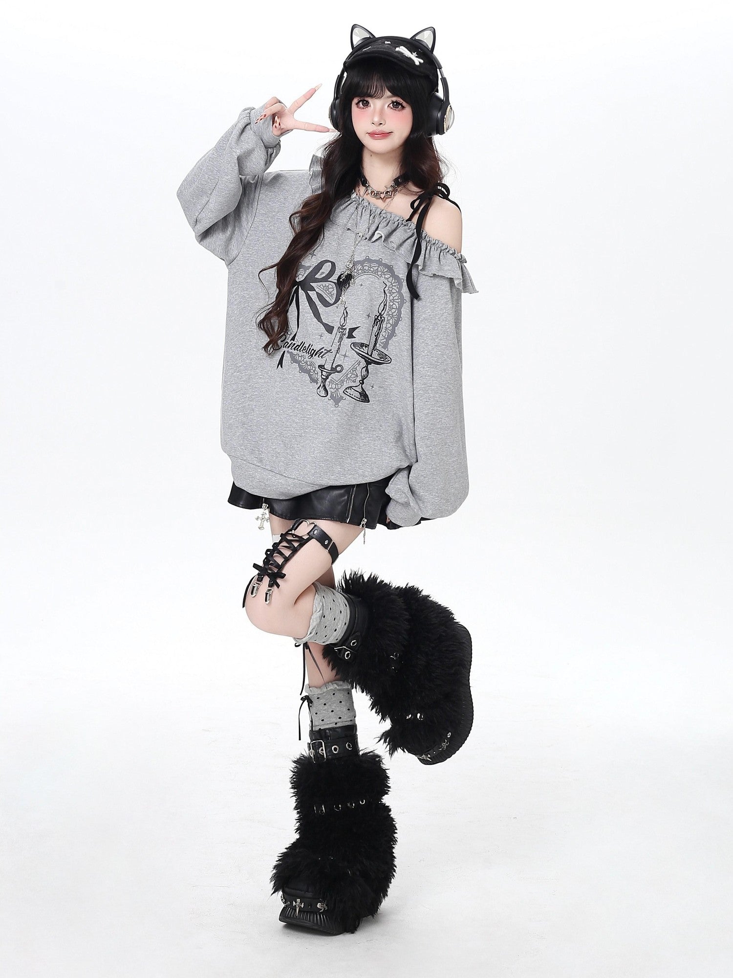 Crazy Girl Asymmetrical Shoulder Bow Print Lace Up Loose Women&