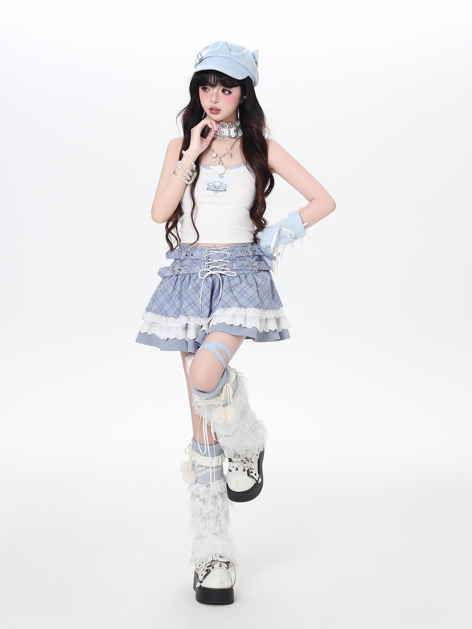 Crazy Girl Ballet Plaid Lace Trim Tie Waist A Line Women&
