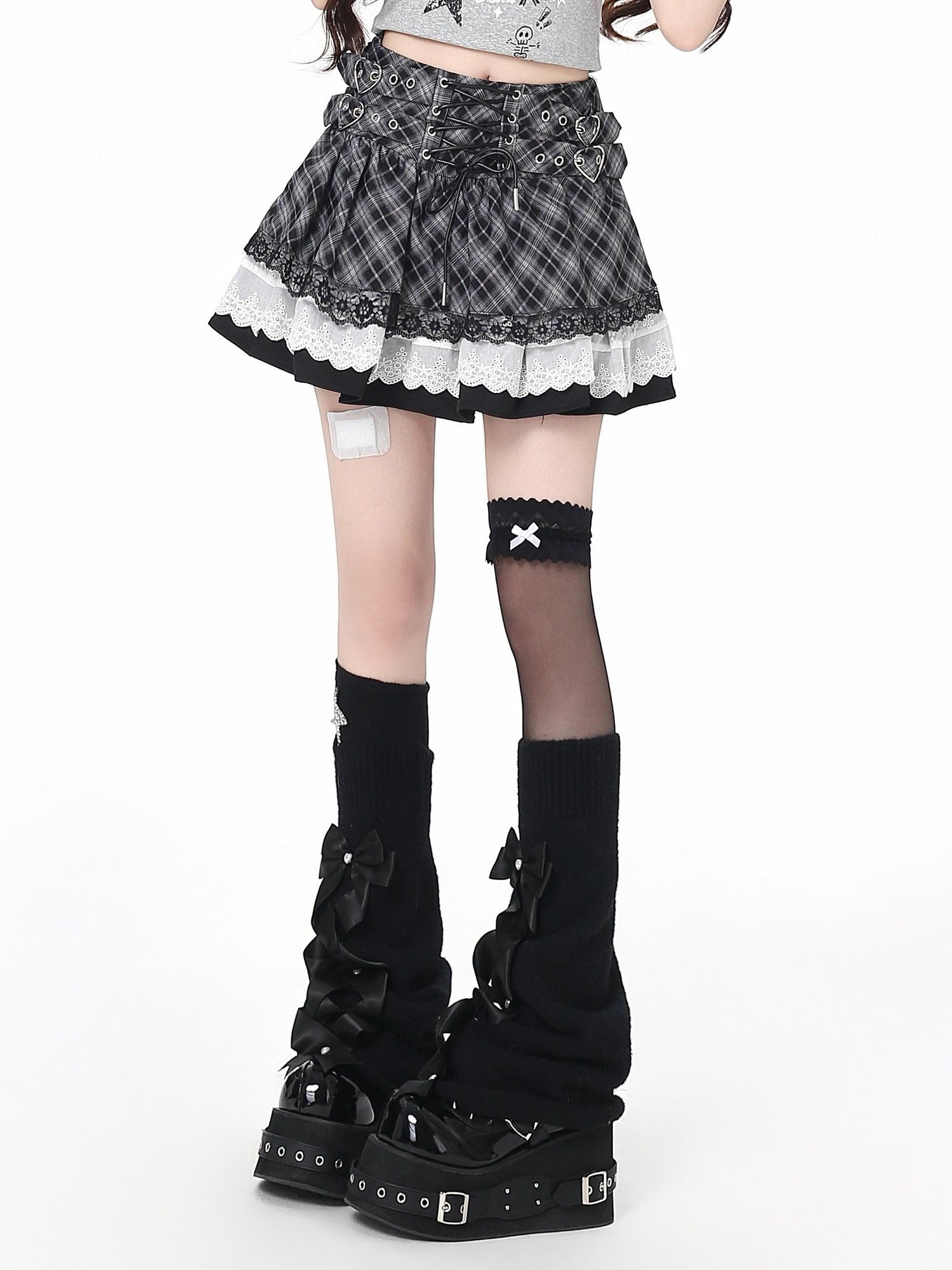 Crazy Girl Ballet Plaid Lace Trim Tie Waist A Line Women&