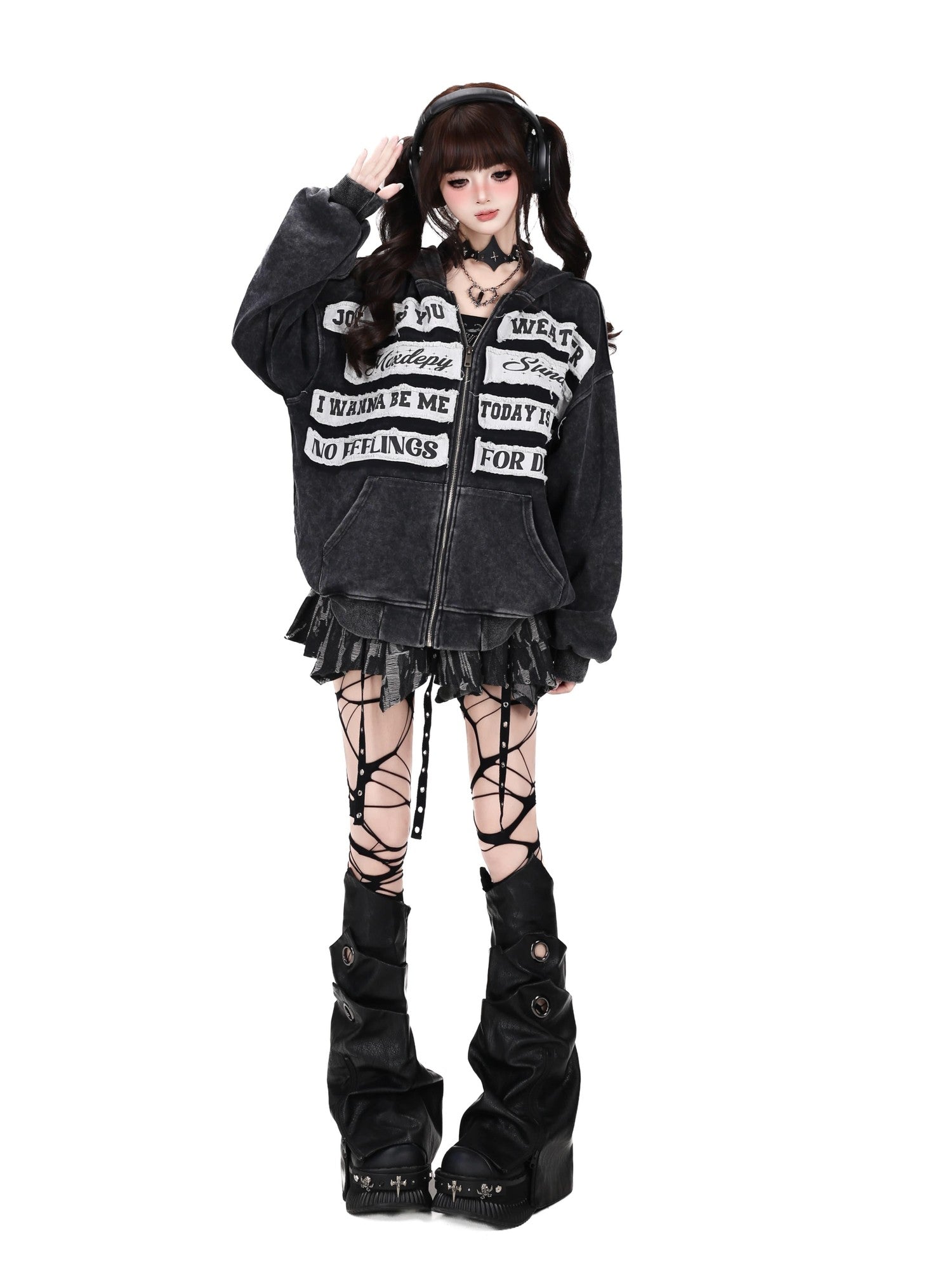 Crazy Girl Black Gray Street Letter Patch Washed Loose Women&
