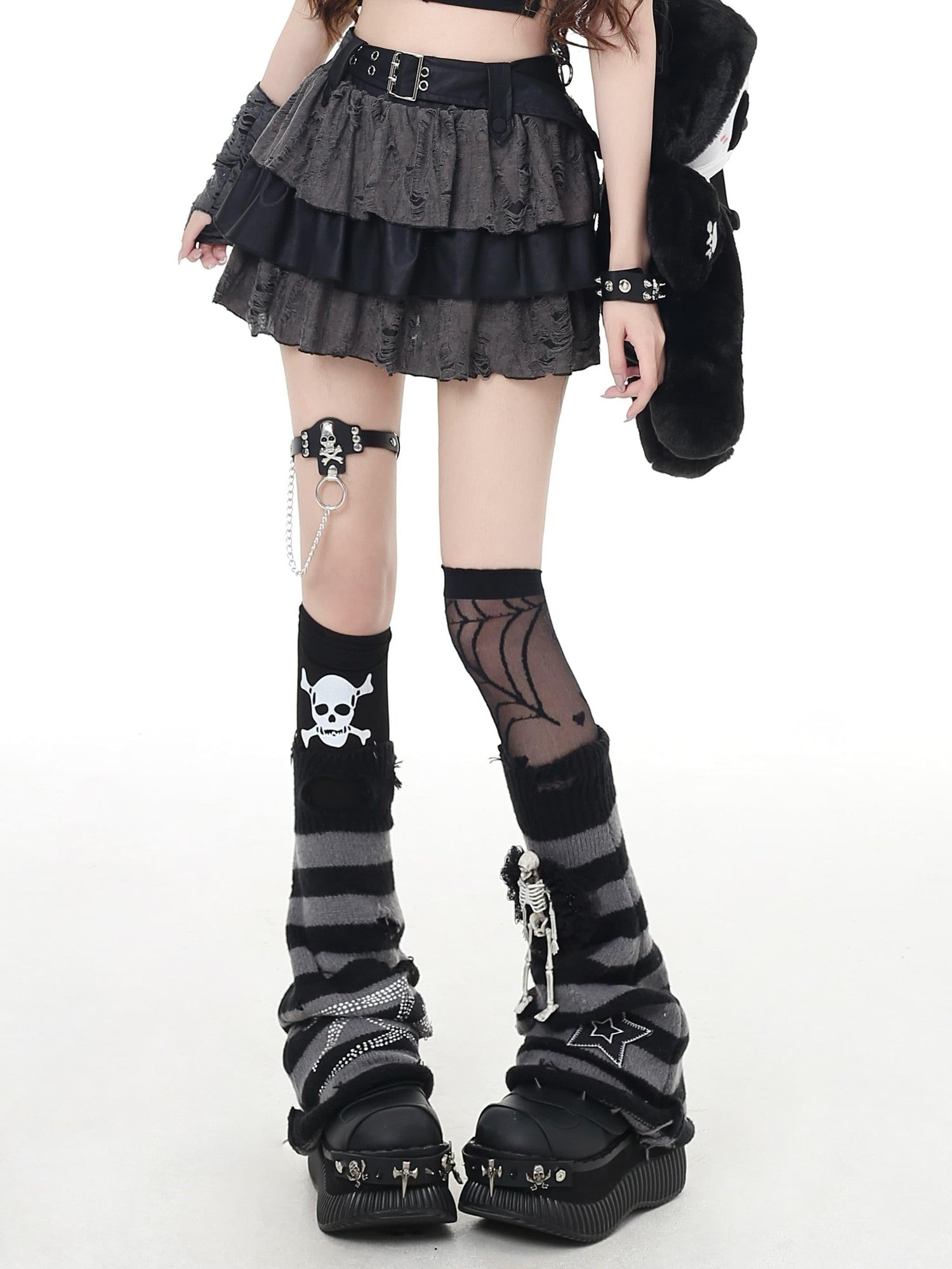 Crazy Girl Black Grey Distressed Ripped Subculture High Waist Zipper Women&