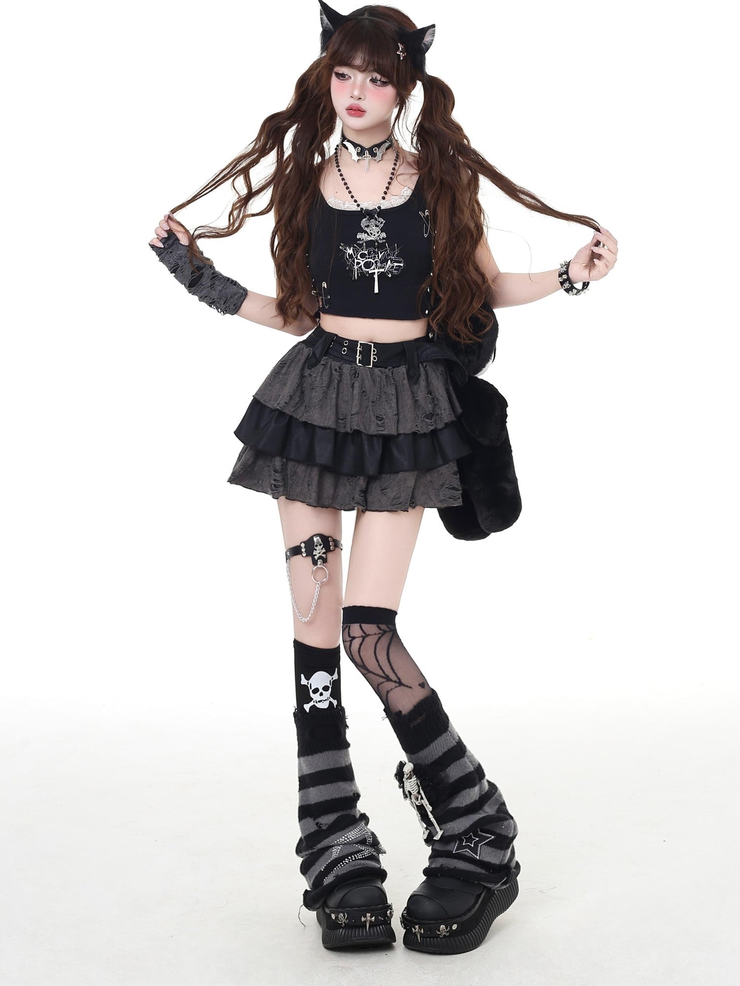 Crazy Girl Black Grey Distressed Ripped Subculture High Waist Zipper Women&