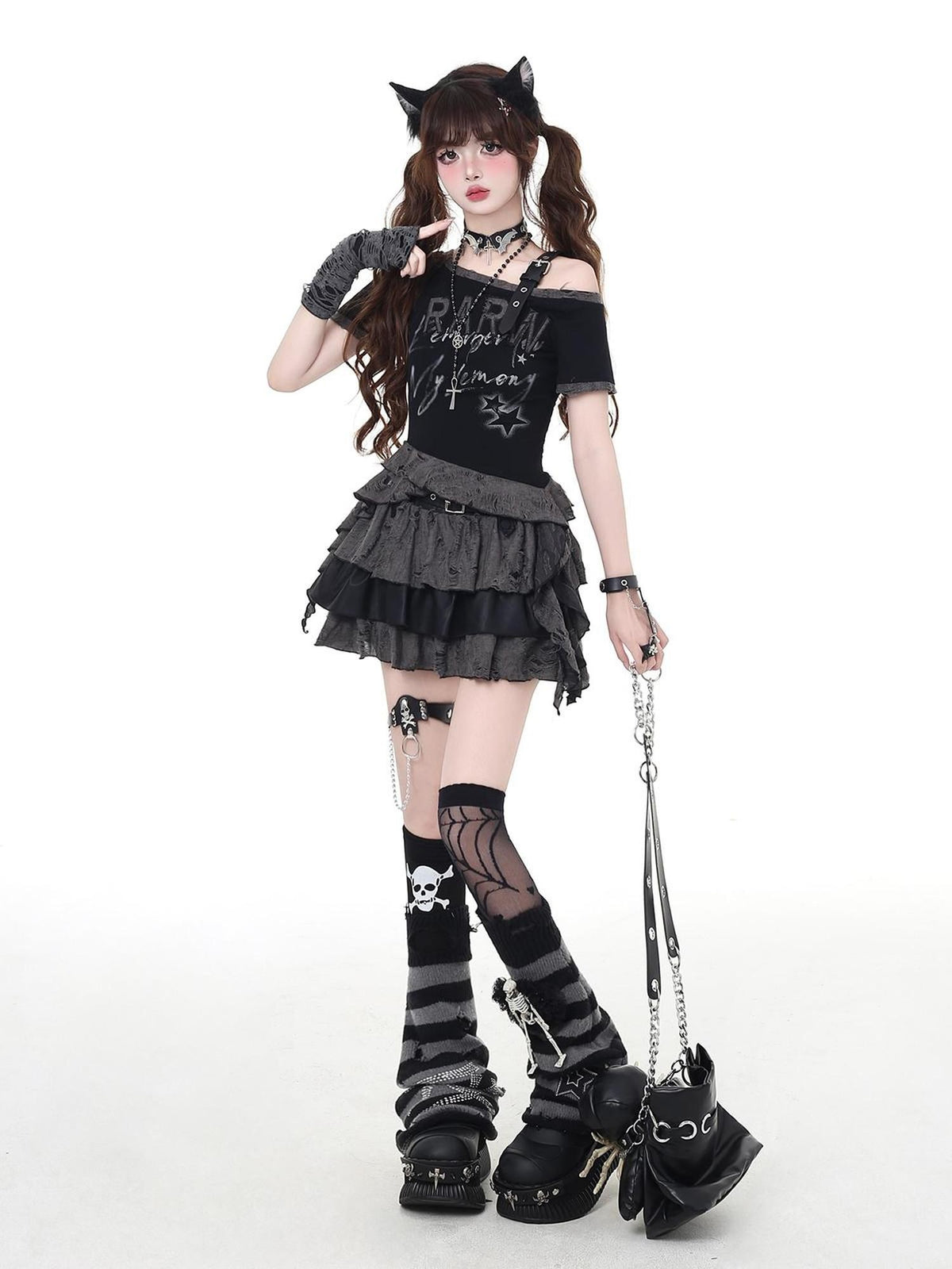 Crazy Girl Black Grey Distressed Ripped Subculture High Waist Zipper Women&