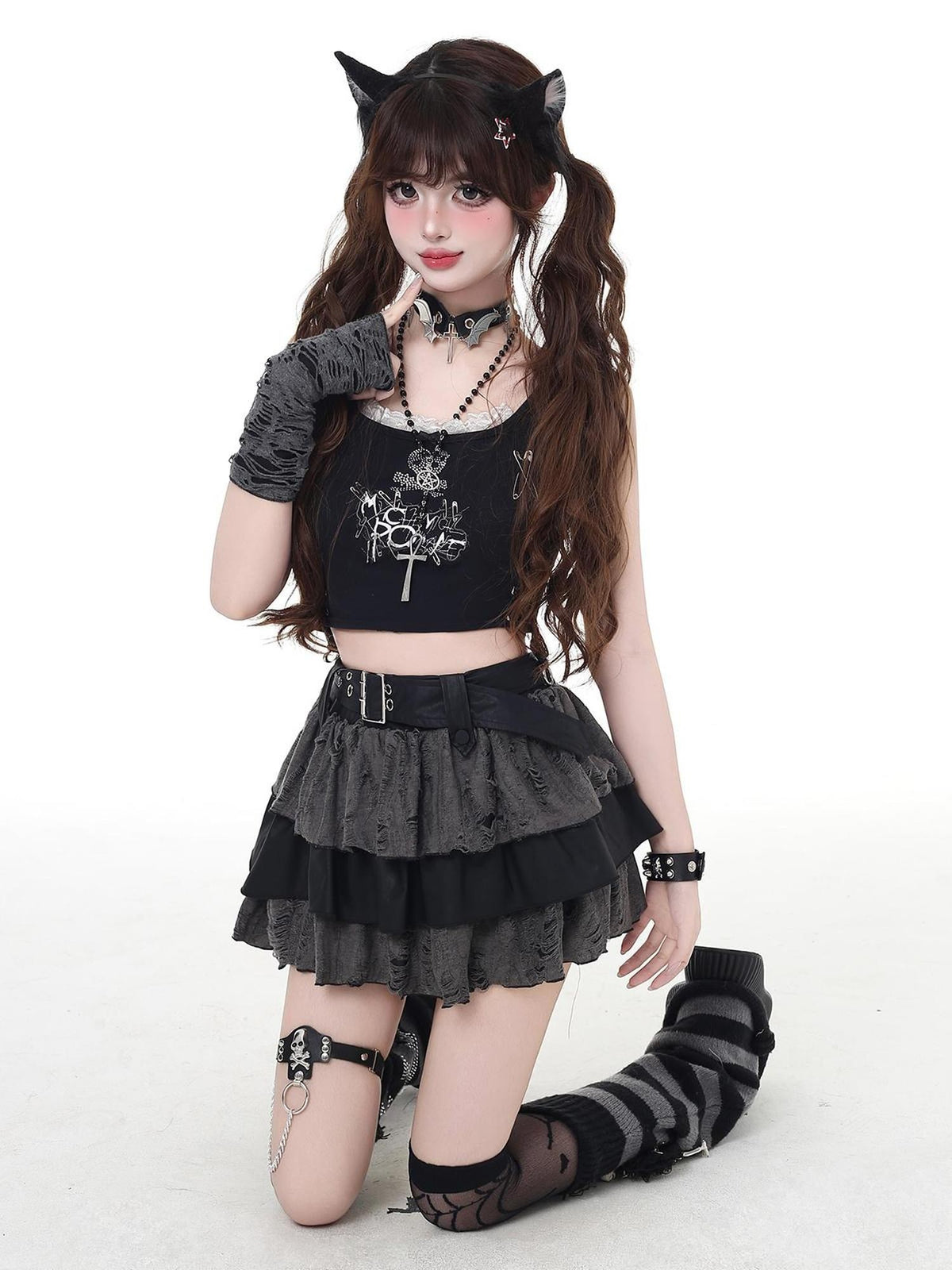 Crazy Girl Black Grey Distressed Ripped Subculture High Waist Zipper Women&