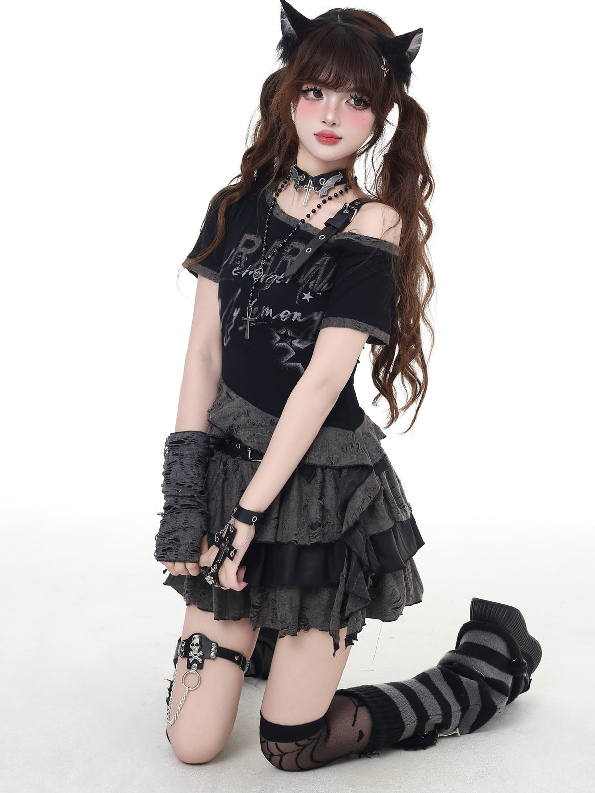 Crazy Girl Black Grey Distressed Ripped Subculture High Waist Zipper Women&