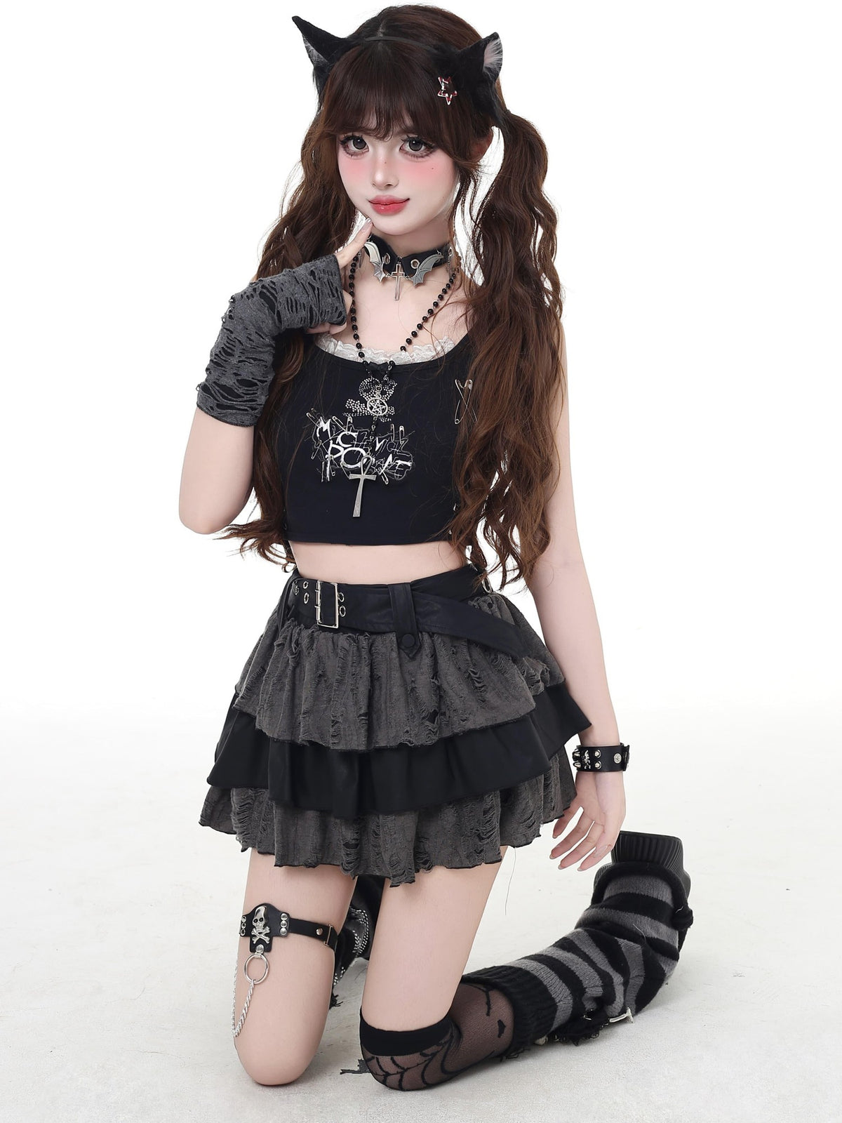 Crazy Girl Black Grey Distressed Ripped Subculture High Waist Zipper Women&