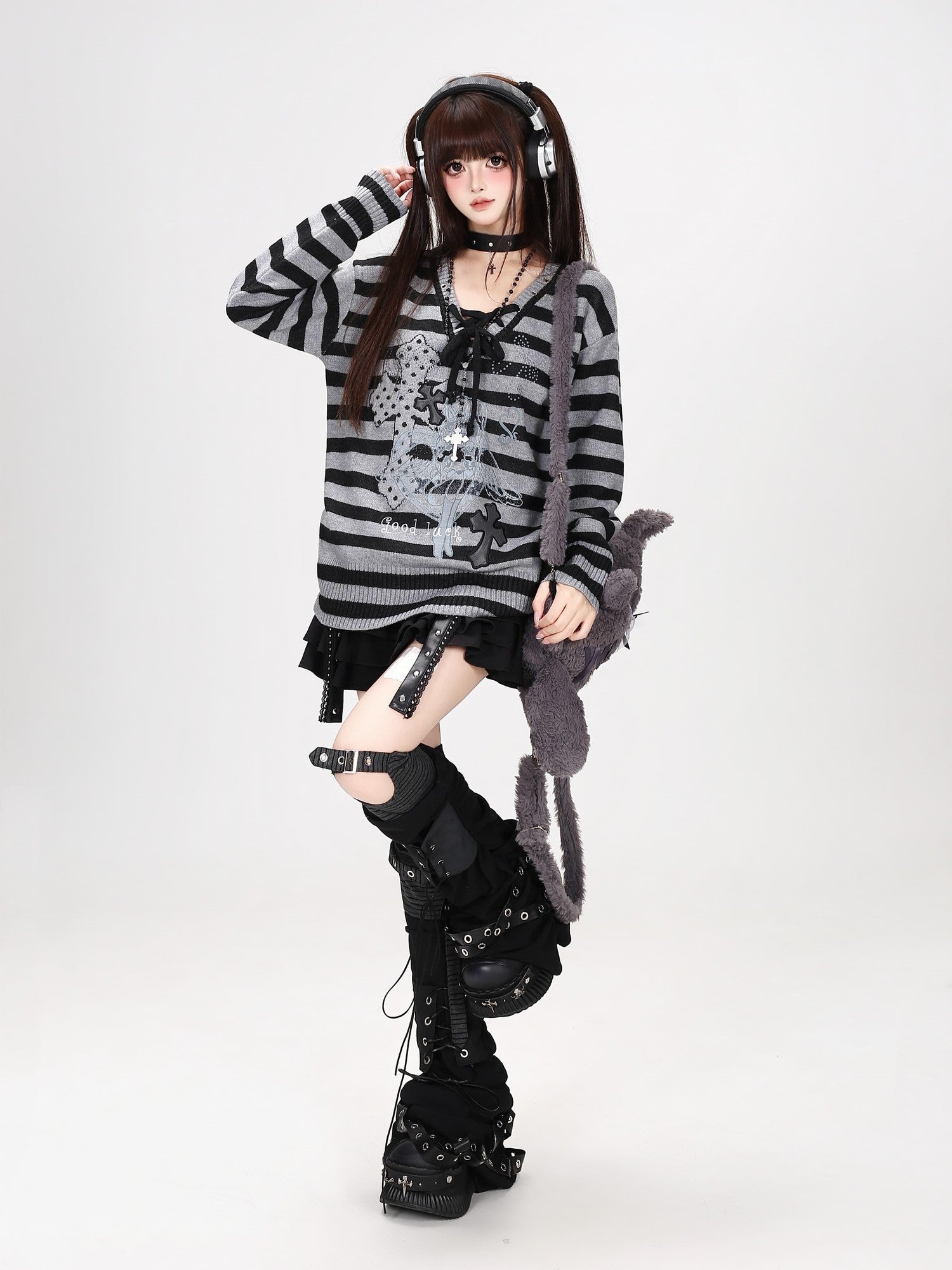 Crazy Girl Black Grey Striped Lace Up V-neck Sweet Loose Women&