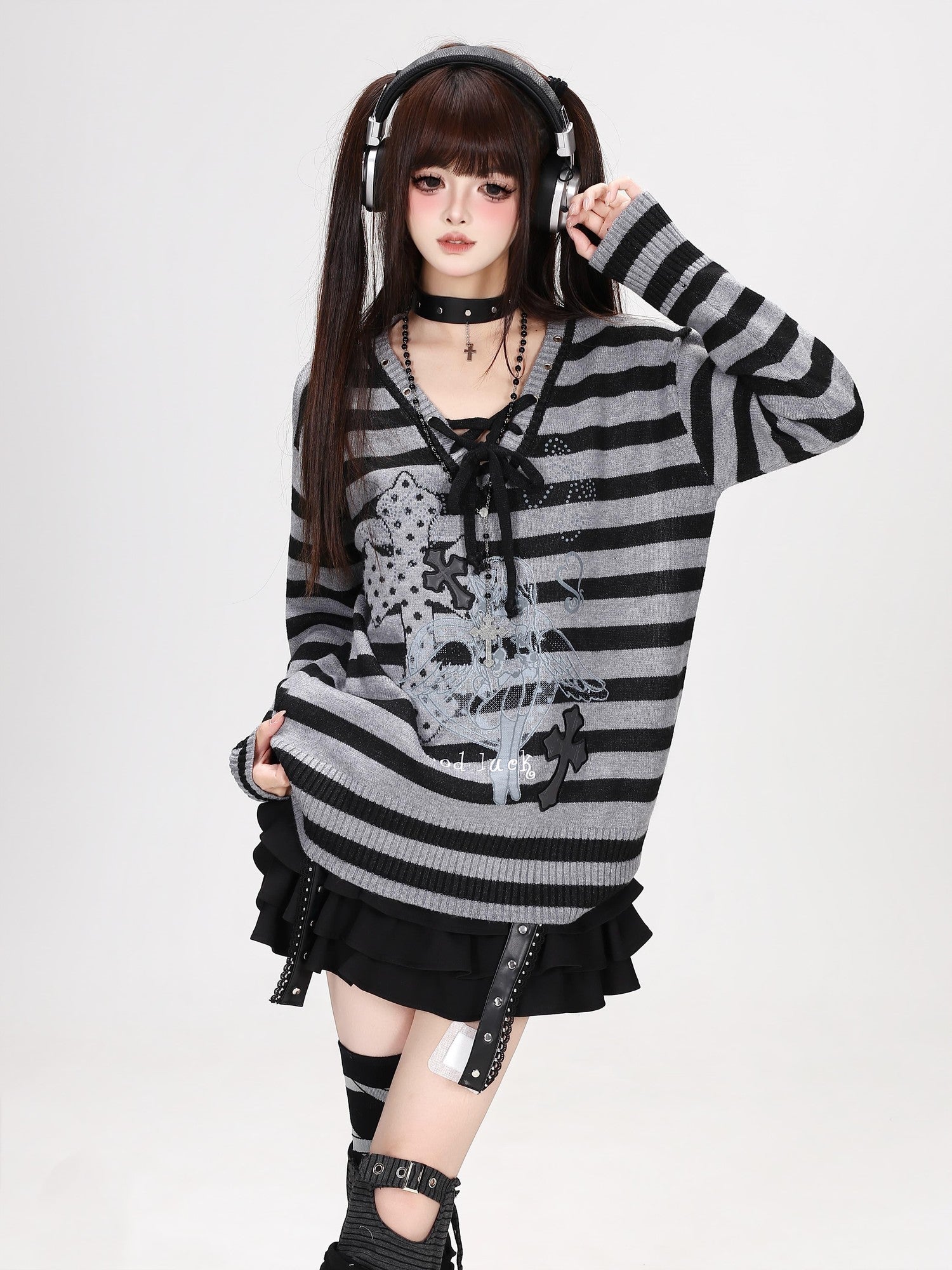 Crazy Girl Black Grey Striped Lace Up V-neck Sweet Loose Women&