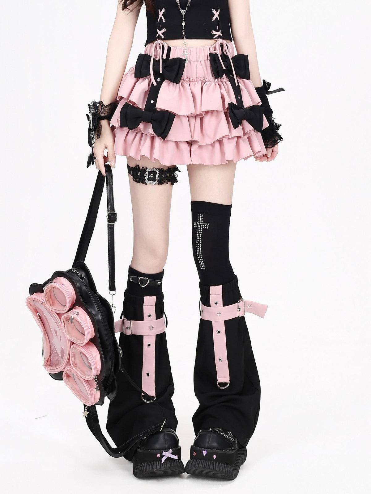 Crazy Girl Black Pink Contrast Puffed Bow High Waist Women&