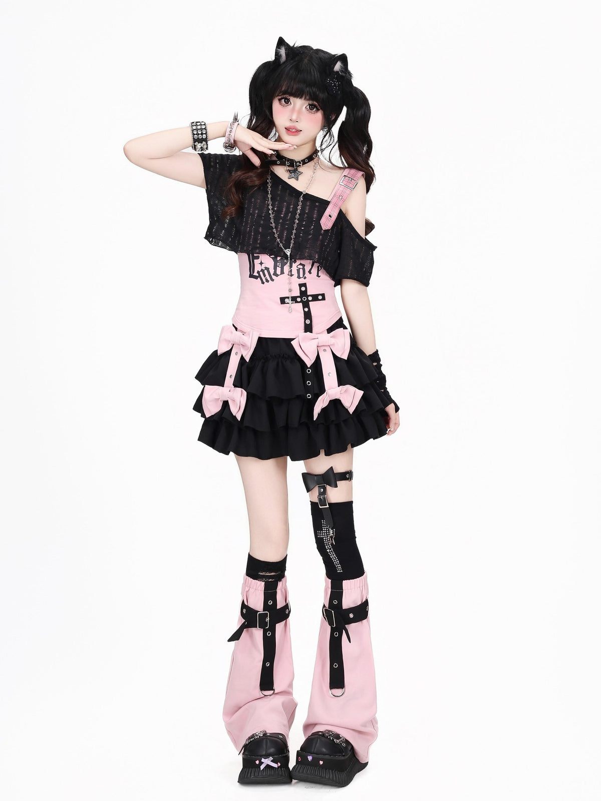 Crazy Girl Black Pink Contrast Puffed Bow High Waist Women&