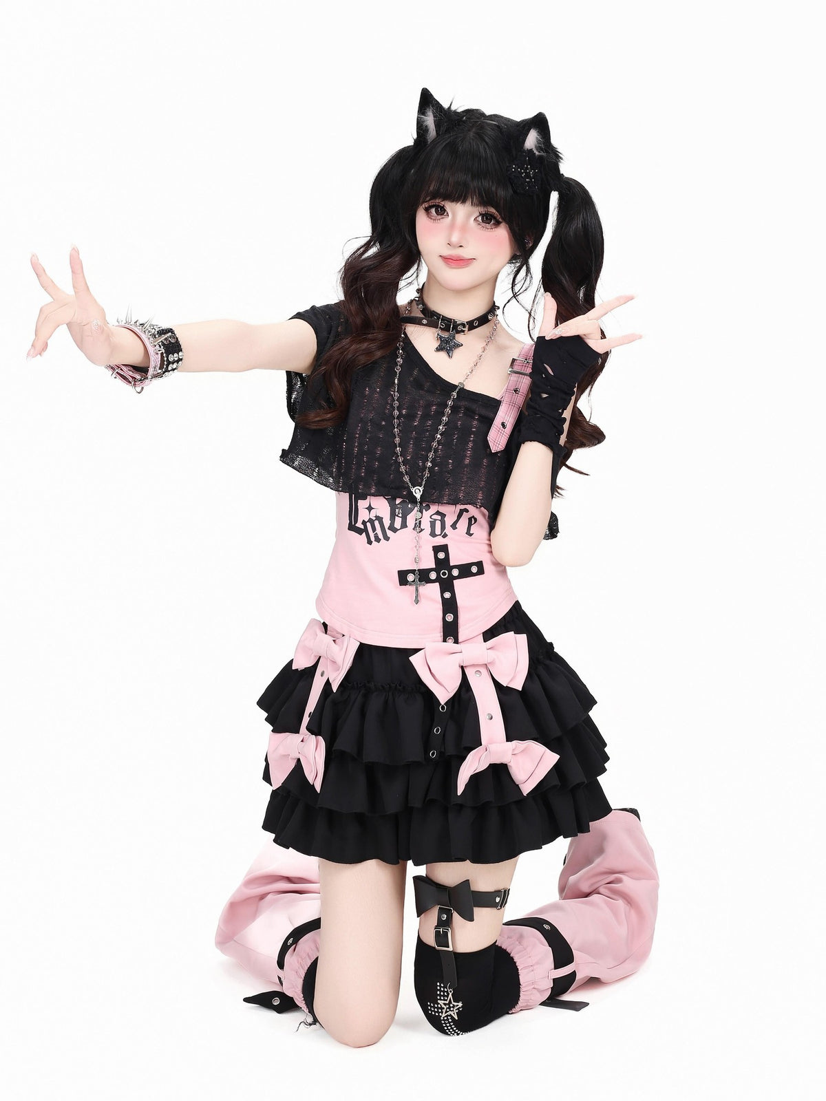 Crazy Girl Black Pink Contrast Puffed Bow High Waist Women&