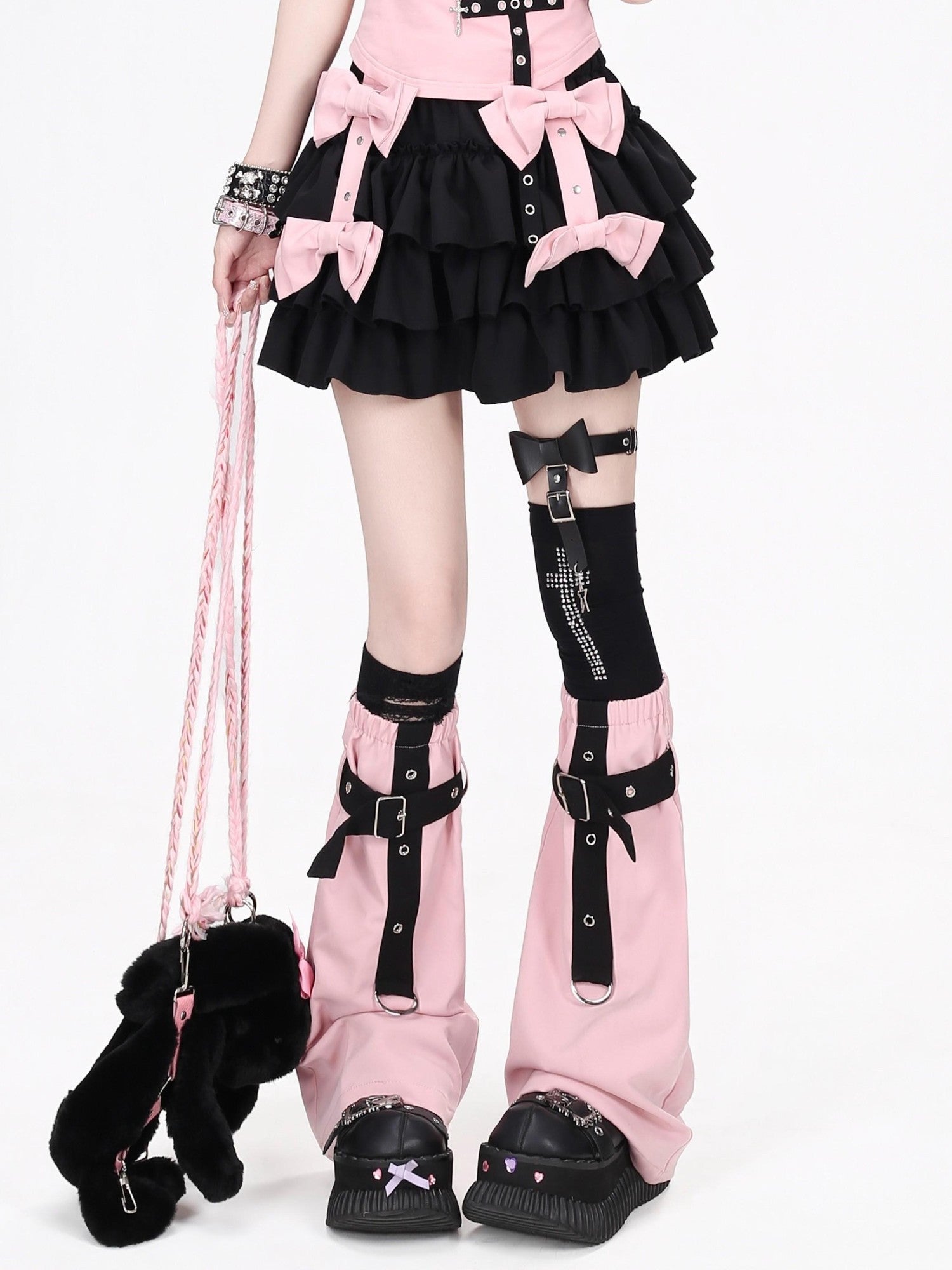 Crazy Girl Black Pink Contrast Puffed Bow High Waist Women&