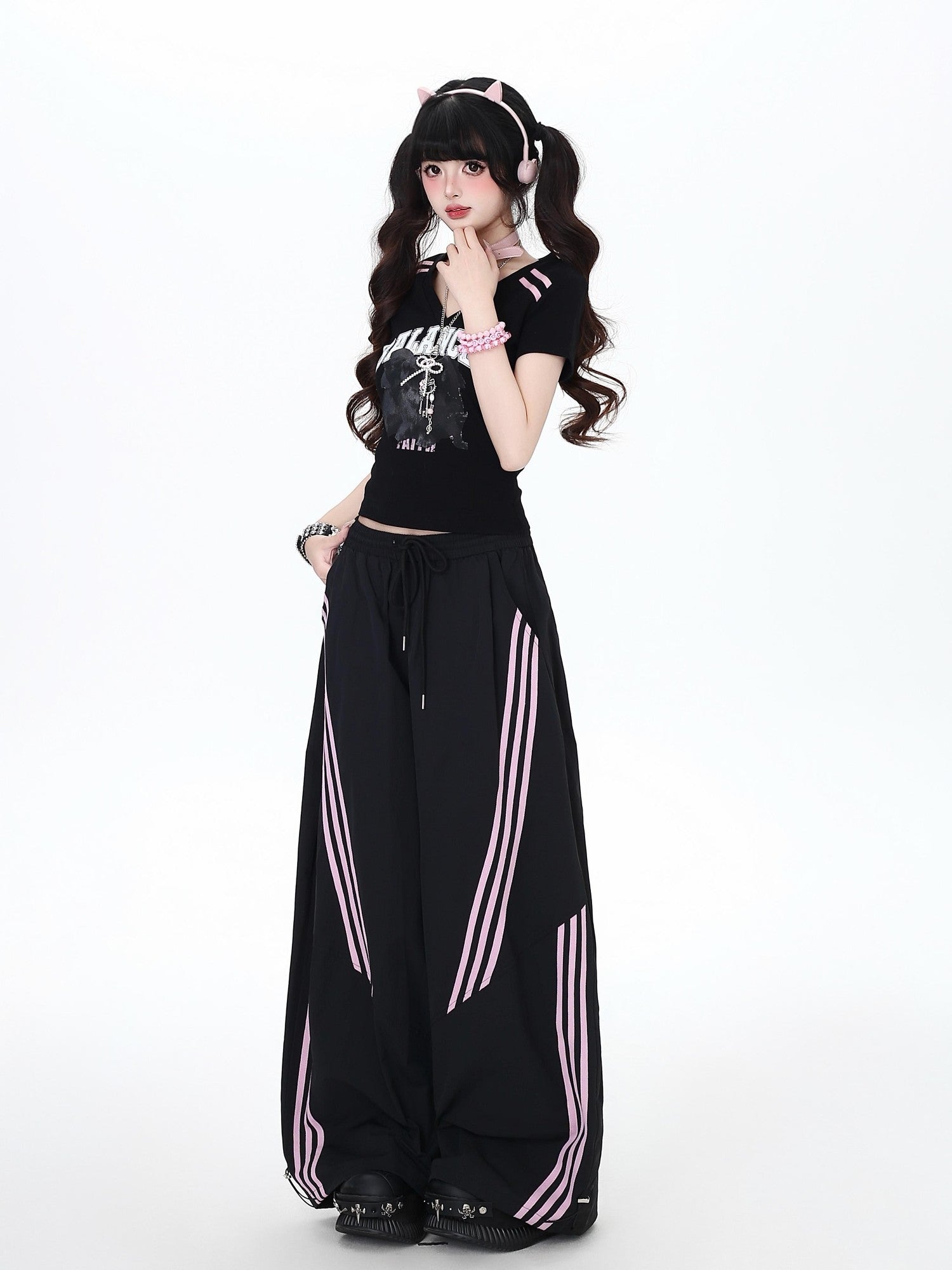 Crazy Girl Black Pink Striped Vintage High Waist Women&