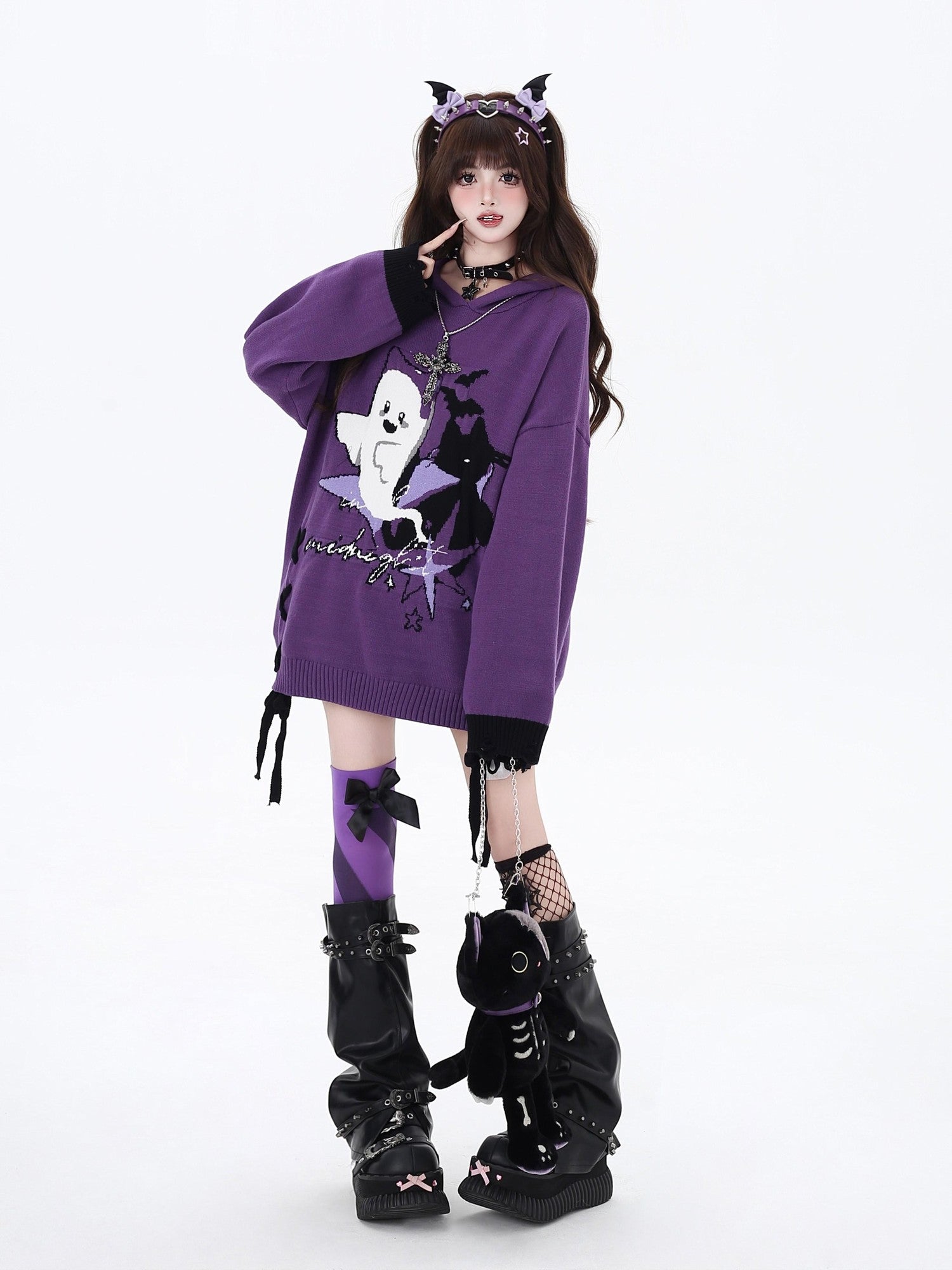 Crazy Girl Black Purple Colorblock Ghost Print Lace Up Hooded Loose Women&
