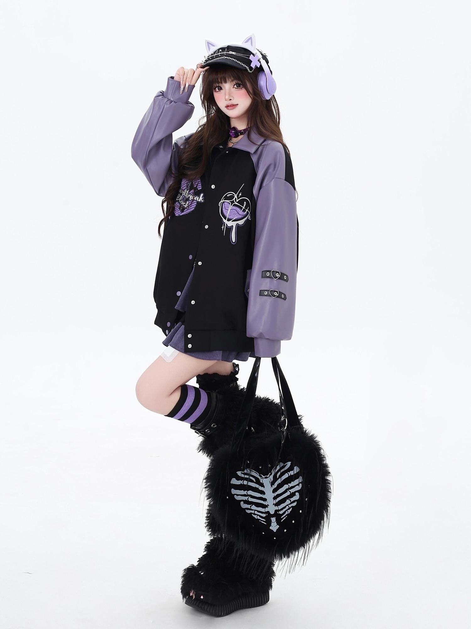 Crazy Girl Black Purple Embroidered Patchwork Heart Women&