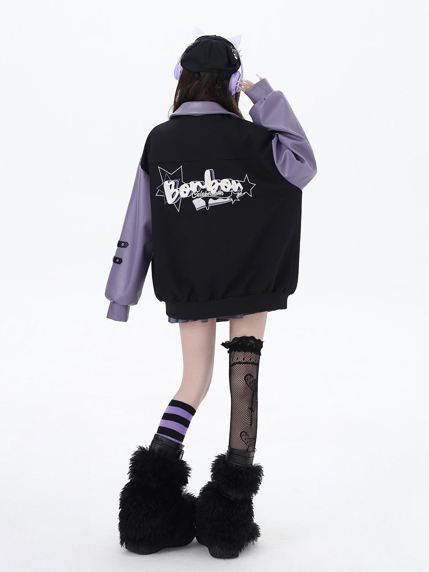 Crazy Girl Black Purple Embroidered Patchwork Heart Women&