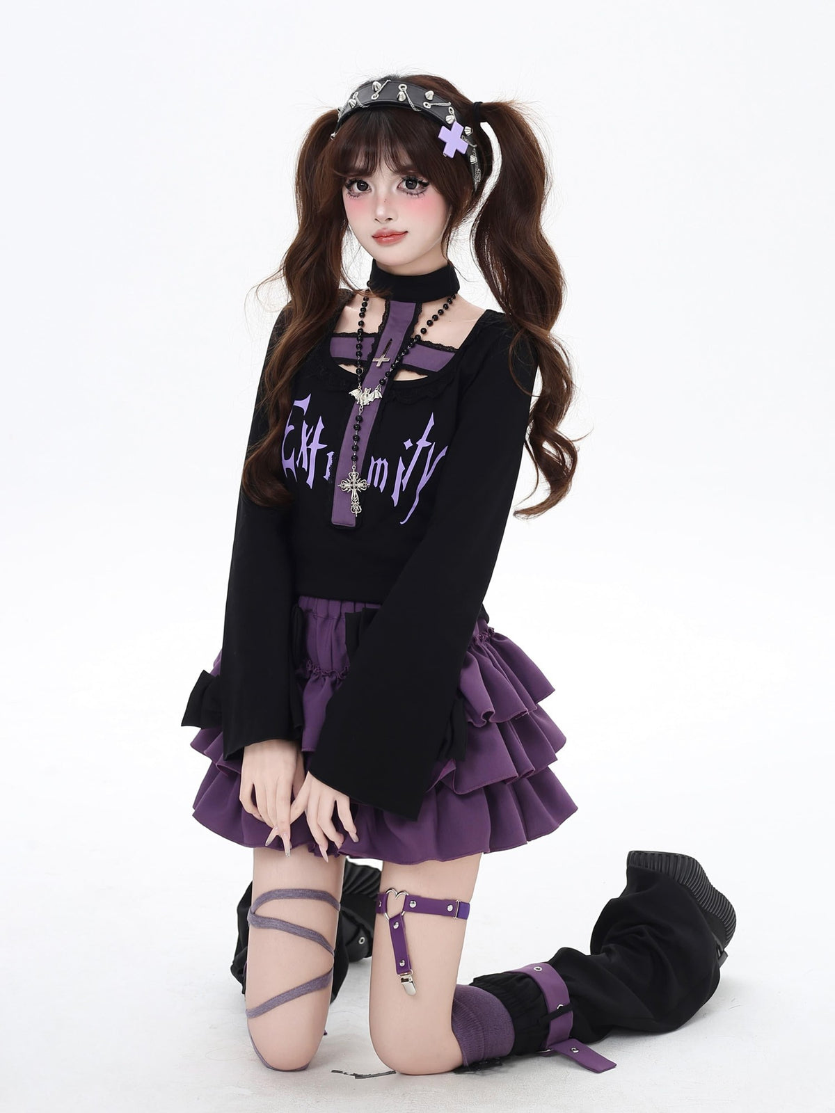 Crazy Girl Black Purple Halter Letter Print Gothic Cropped Women&