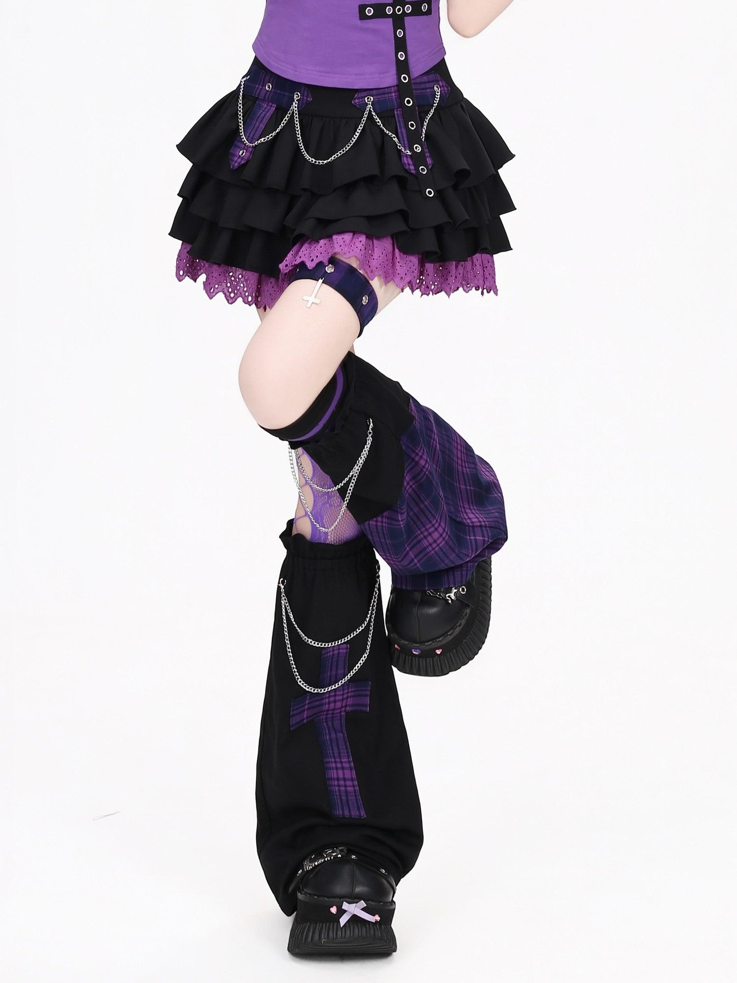 Crazy Girl Black Purple Plaid Patchwork High Waist Zipper Women&