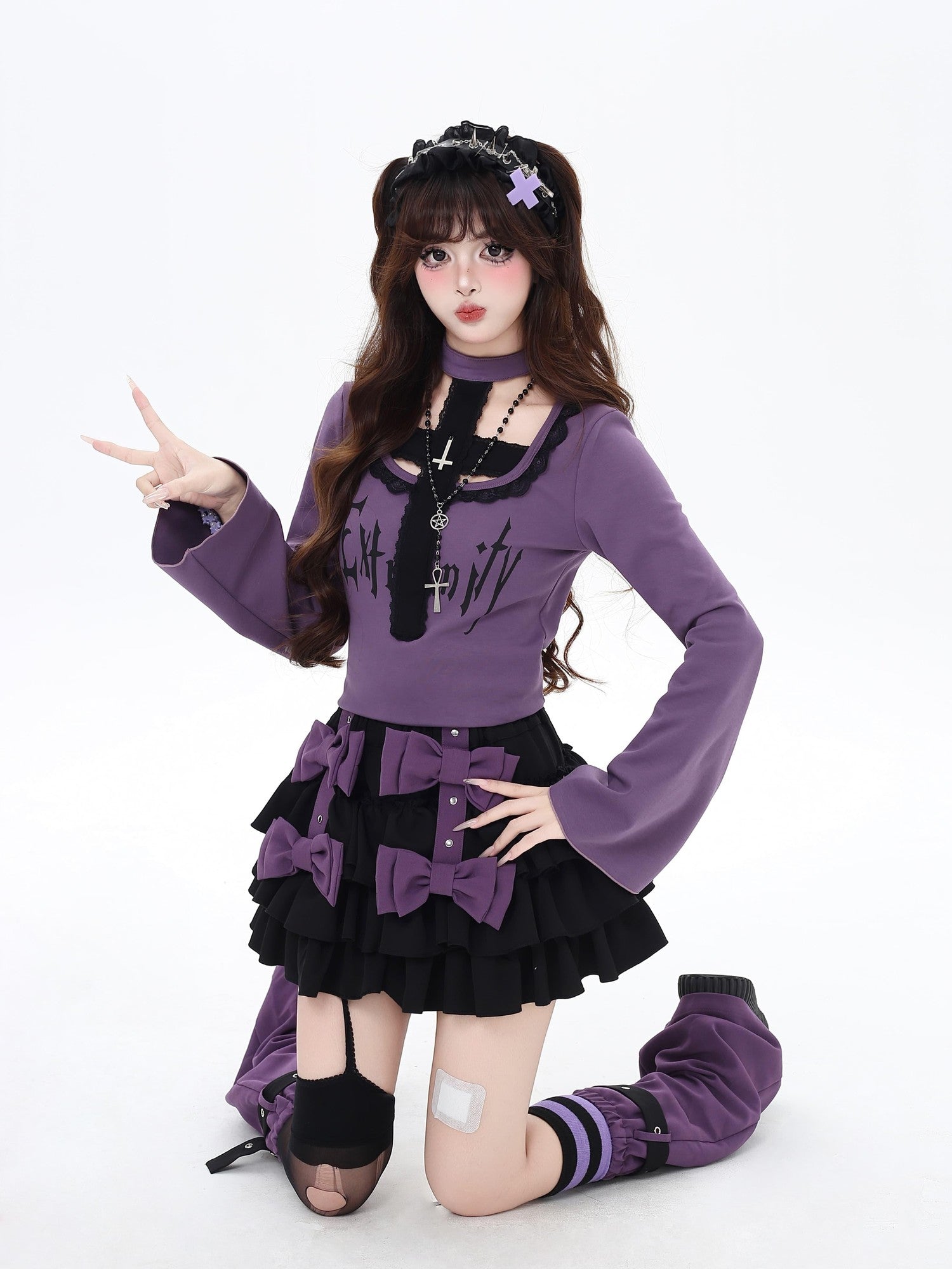 Crazy Girl Black Purple Ruffled Bow Puff Women&