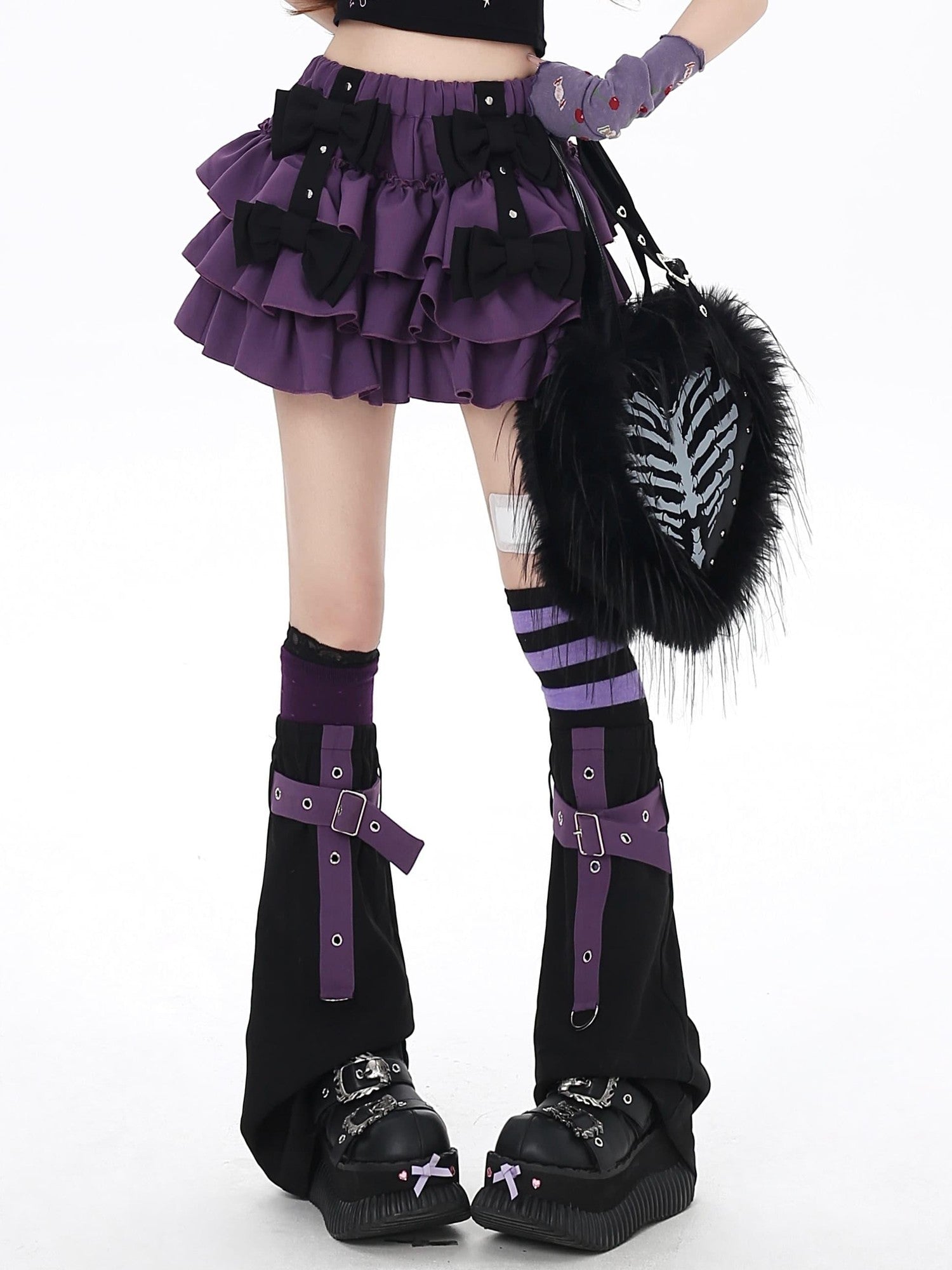Crazy Girl Black Purple Ruffled Bow Puff Women&