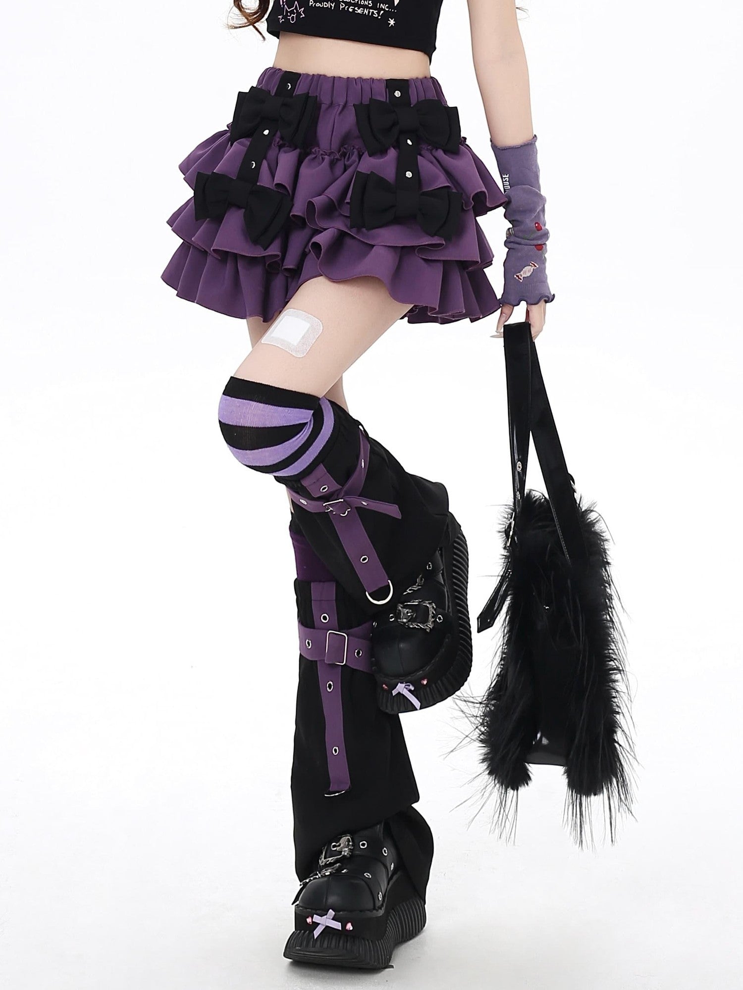 Crazy Girl Black Purple Ruffled Bow Puff Women&
