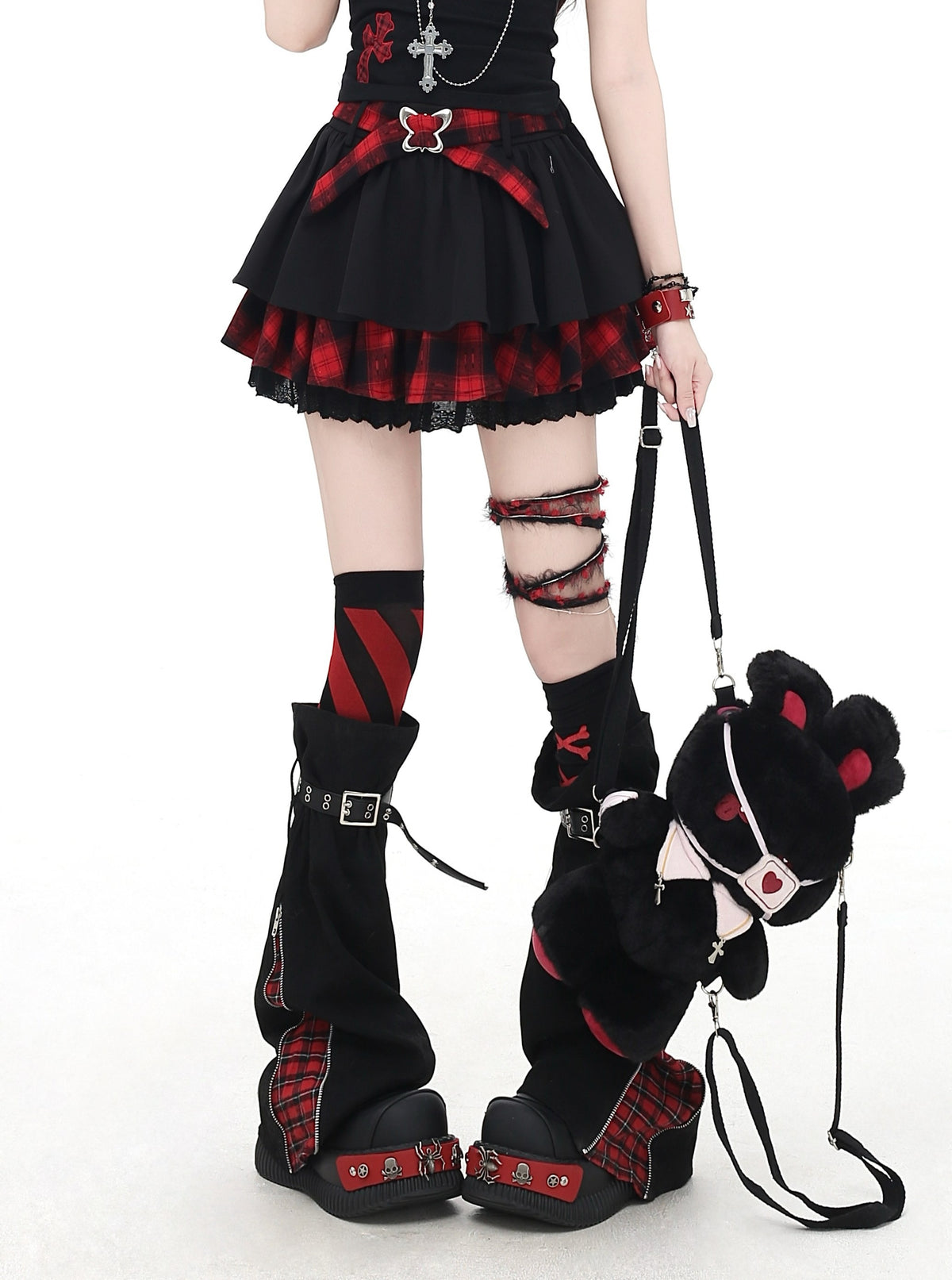 Crazy_Girl_Black_Red_Plaid_Pleated_Lace_Bow_A_Line_Women&
