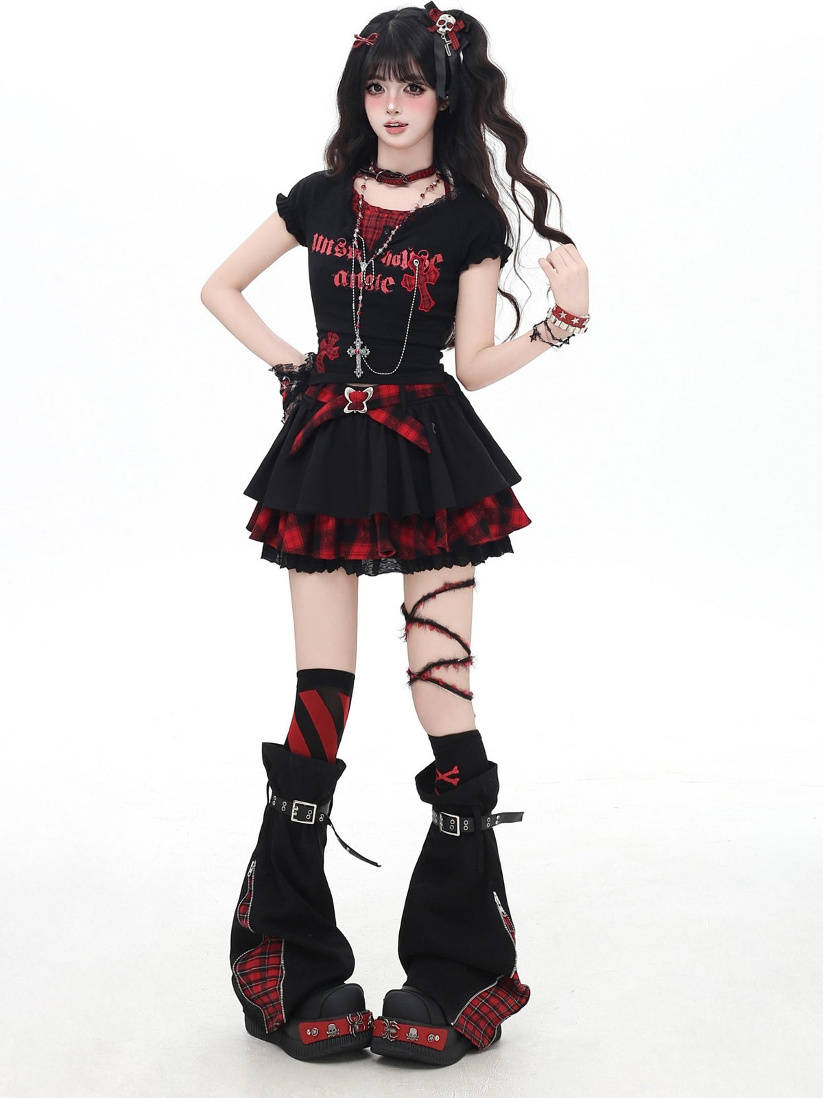 Crazy Girl Black Red Plaid Pleated Lace Bow A Line Women&